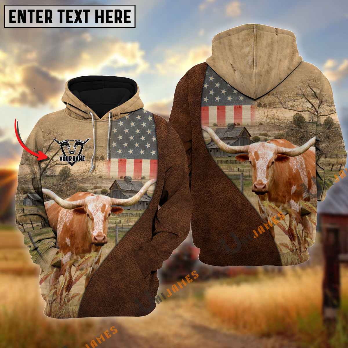 Personalized Name Texas Longhorn Cattle USA Flag Hoodie