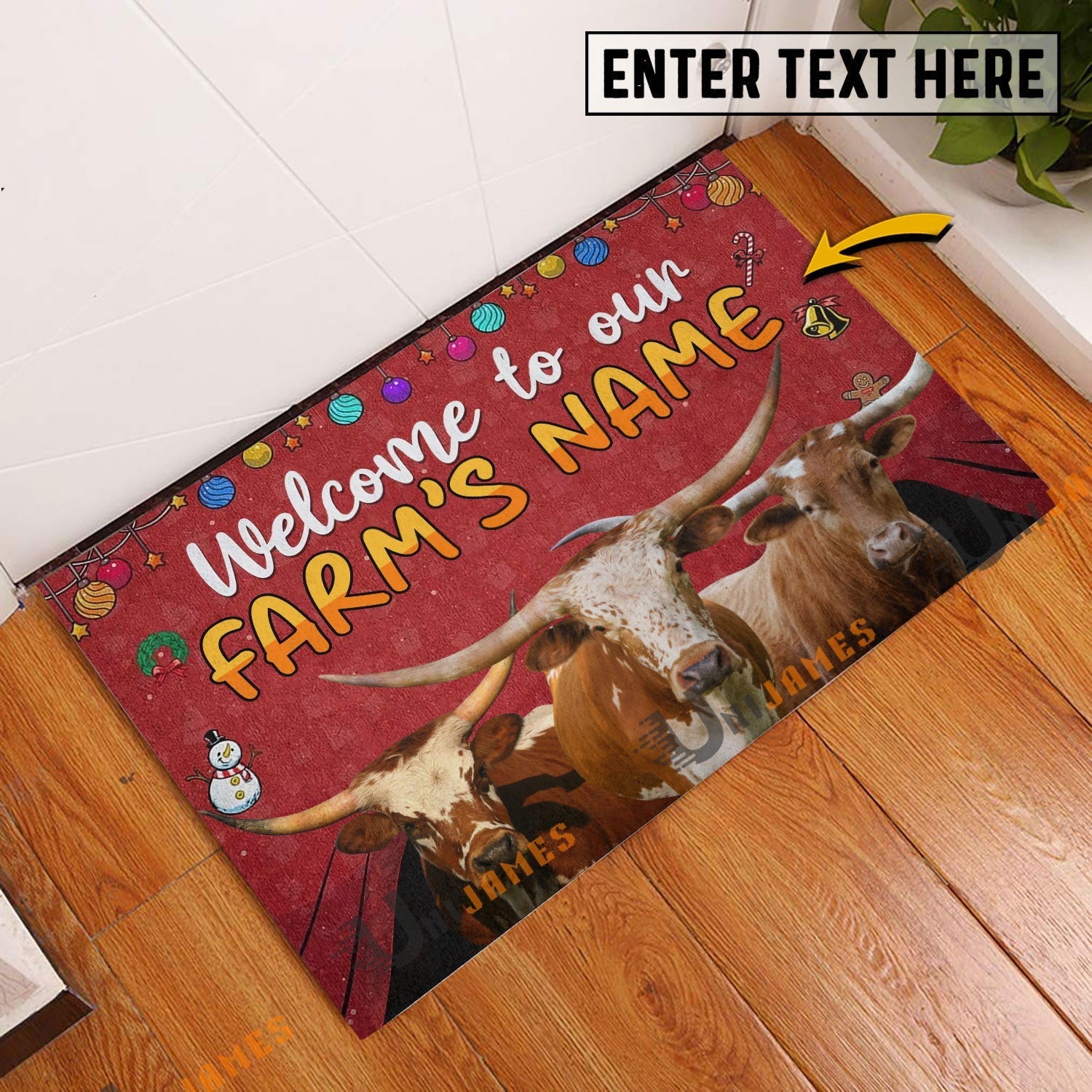 Texas Longhorn Christmas Custom Name Doormat
