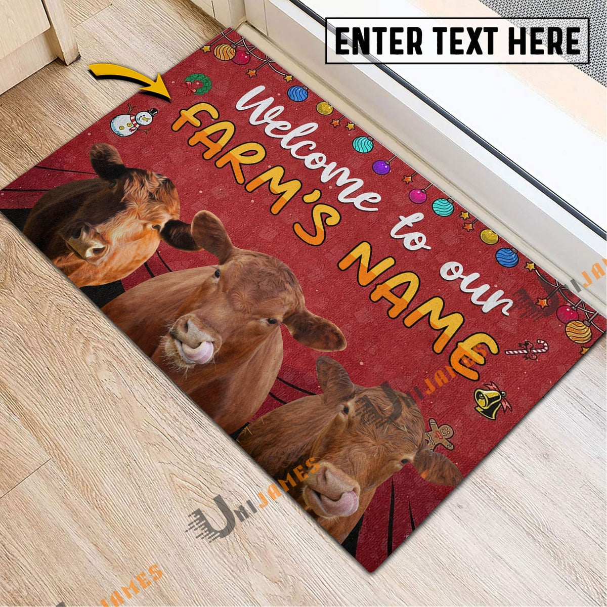 Red Angus Christmas Custom Name Doormat