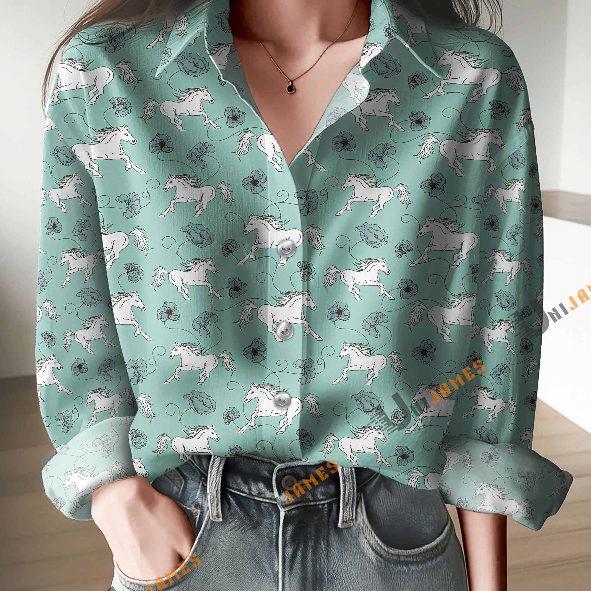 Unique Horse Pattern Mint Casual Shirt