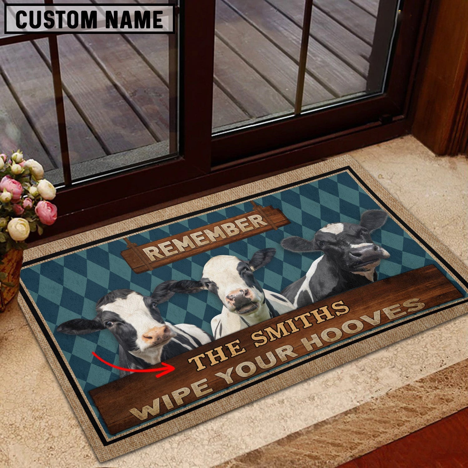 Holstein Wipe Your Hooves Custom Name Doormat