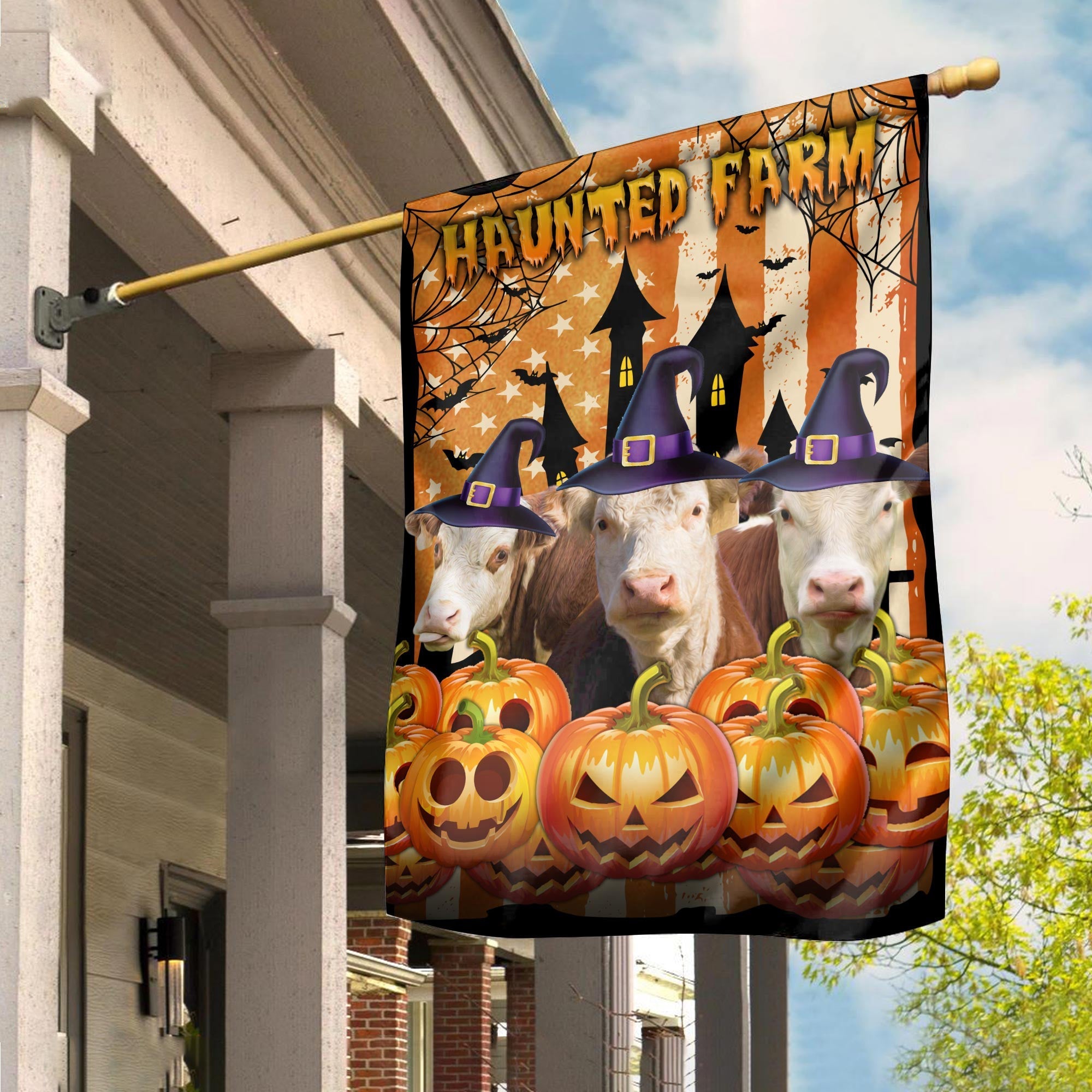 Hereford Cattle Haunted Farm Halloween Flag