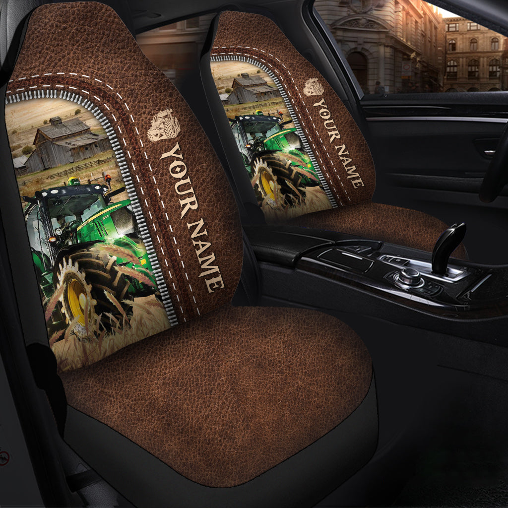 Tractor Personalized Name Leather Pattern Car Seat Covers Universal Fit (2Pcs)