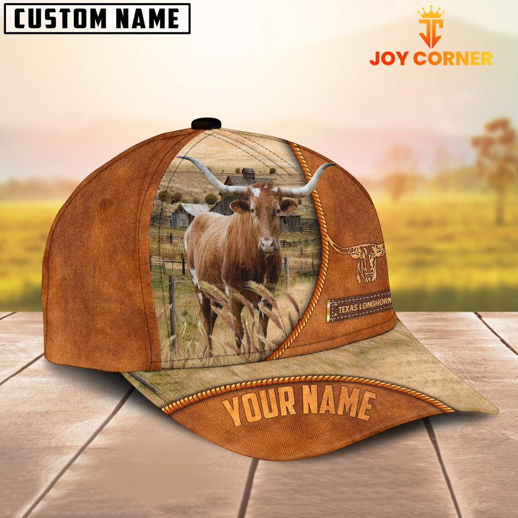 Custom Name Texas Longhorn Leather Pattern Cap TT4