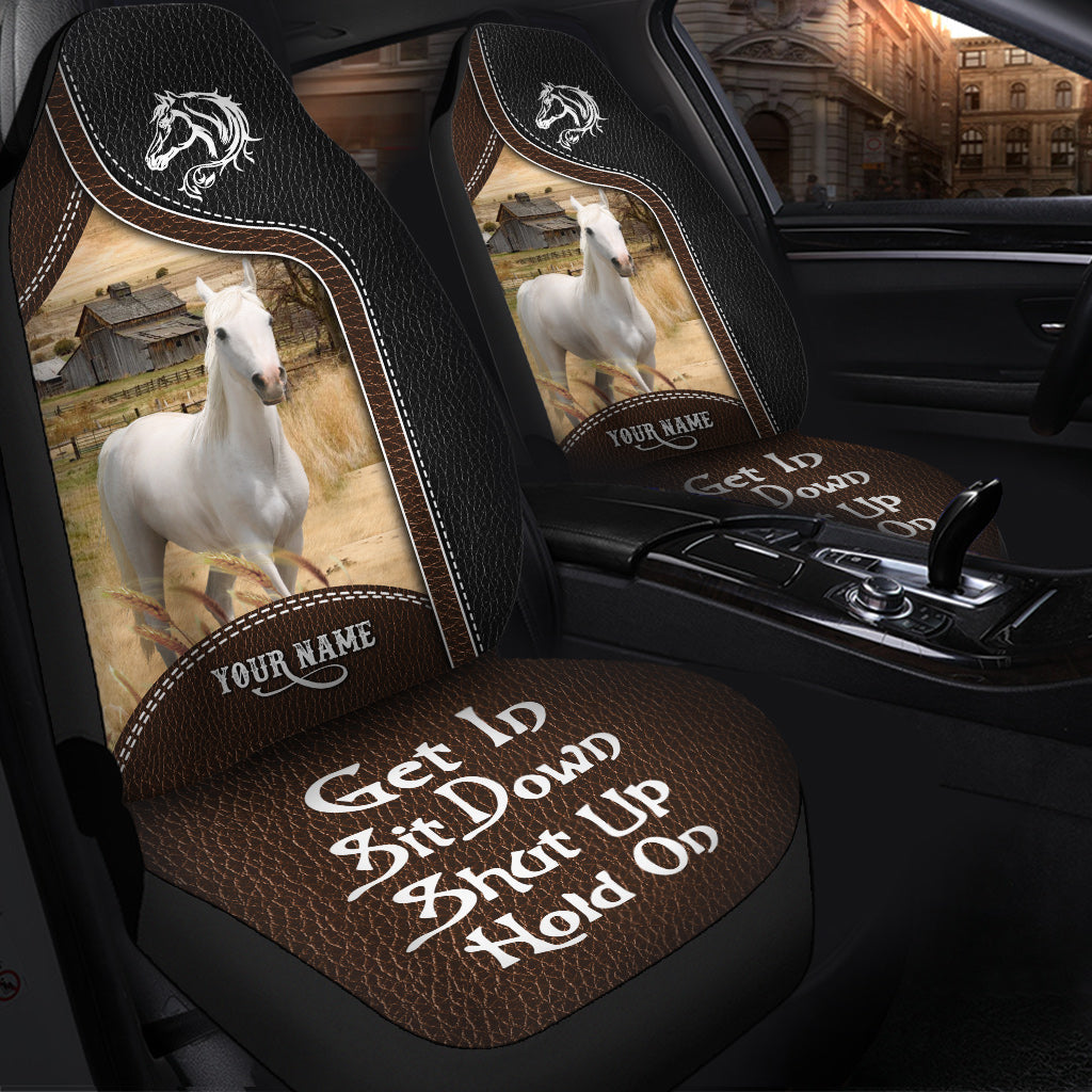 White Horse Personalized Name Black And Brown Leather Pattern Car Seat Covers Universal Fit (2Pcs)