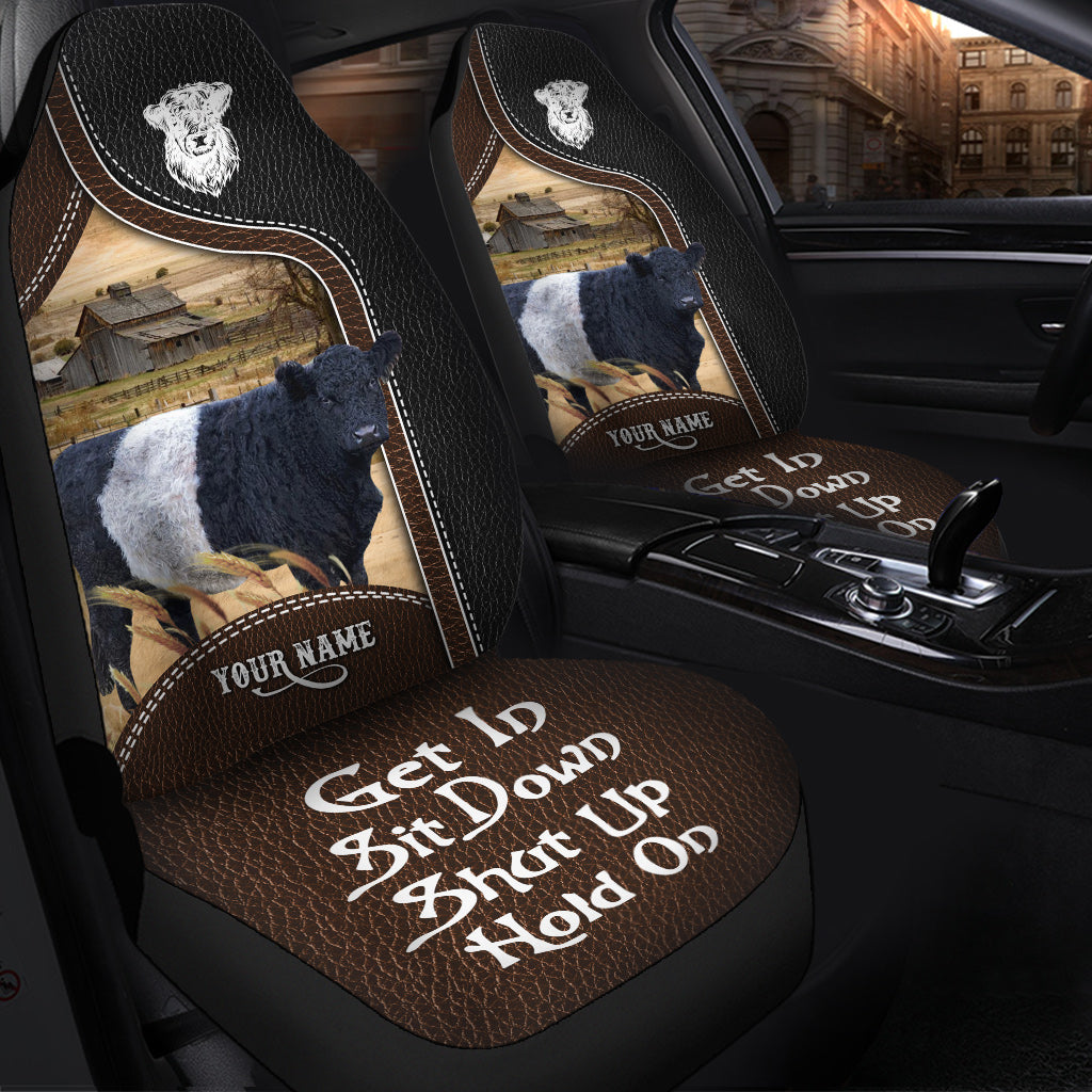 Belted Galloway Personalized Name Black And Brown Leather Pattern Car Seat Covers Universal Fit (2Pcs)