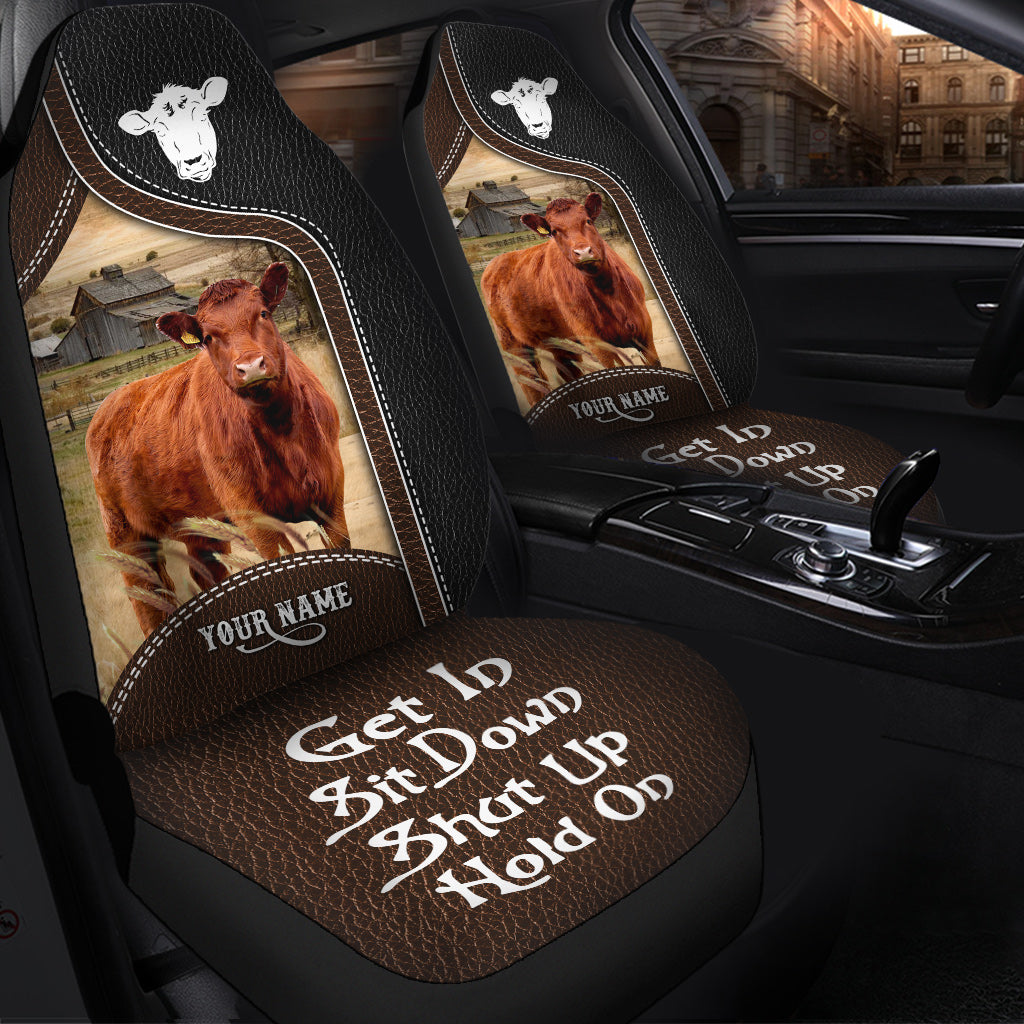 Red Angus Personalized Name Black And Brown Leather Pattern Car Seat Covers Universal Fit (2Pcs)
