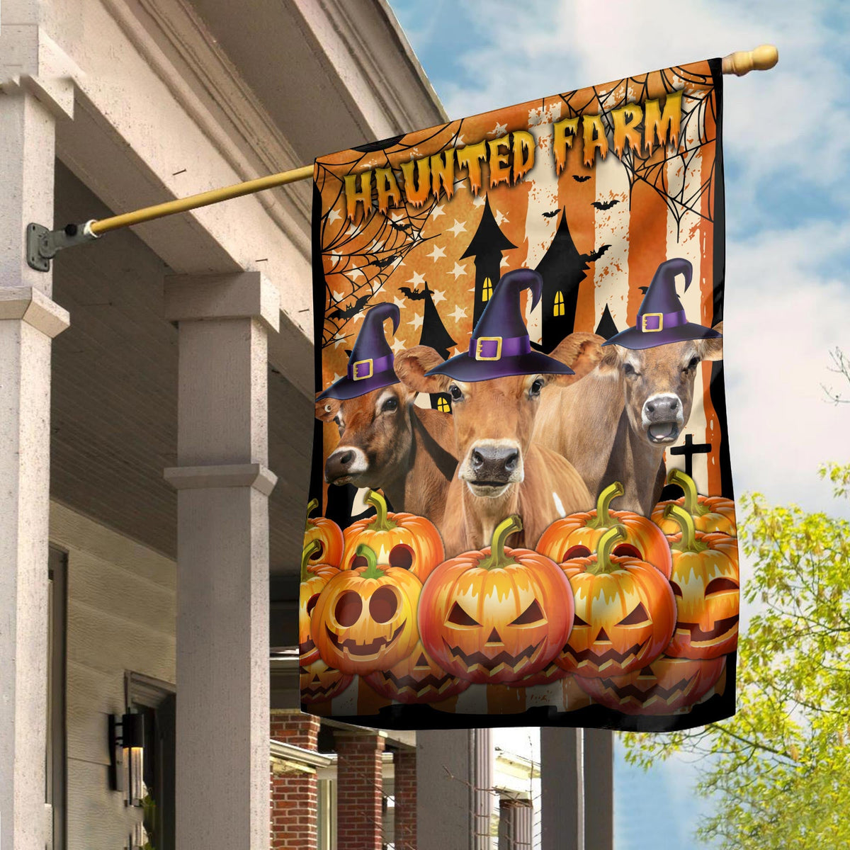 Jersey Cattle Haunted Farm Halloween Flag