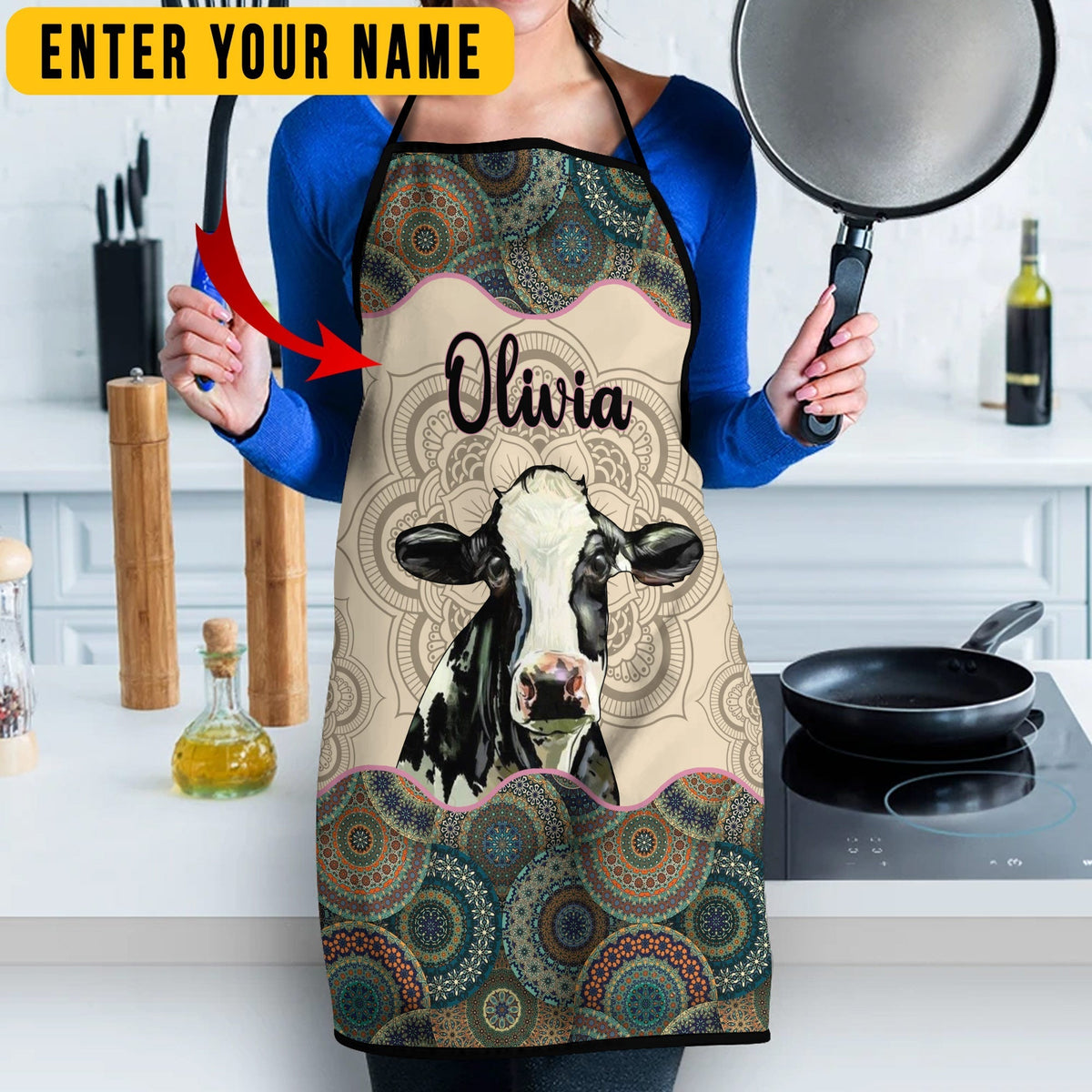 Personalized Name Mandala Pattern Holstein All Over Printed 3D Apron