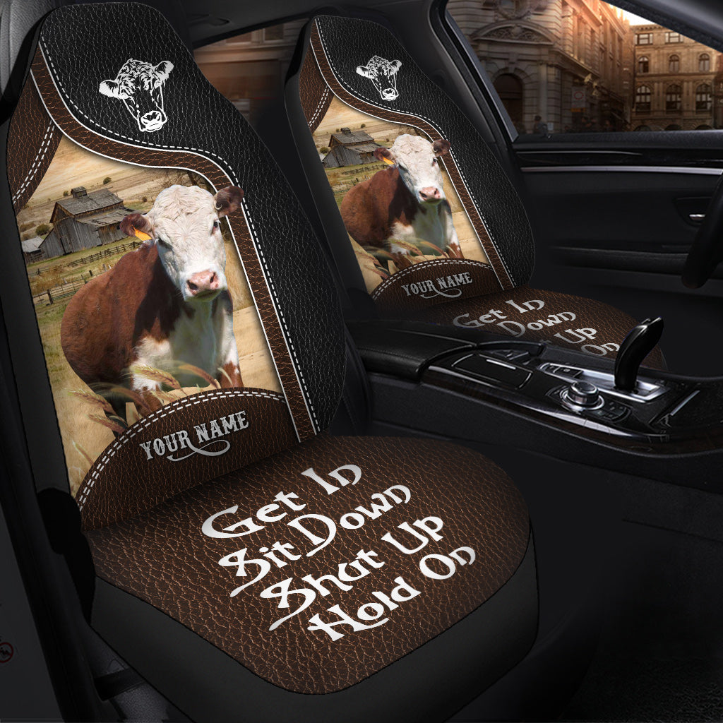 Hereford Personalized Name Black And Brown Leather Pattern Car Seat Covers Universal Fit (2Pcs)