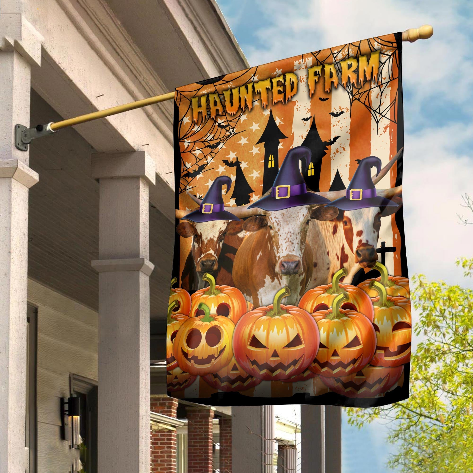 TX Longhorn Cattle Haunted Farm Halloween Flag