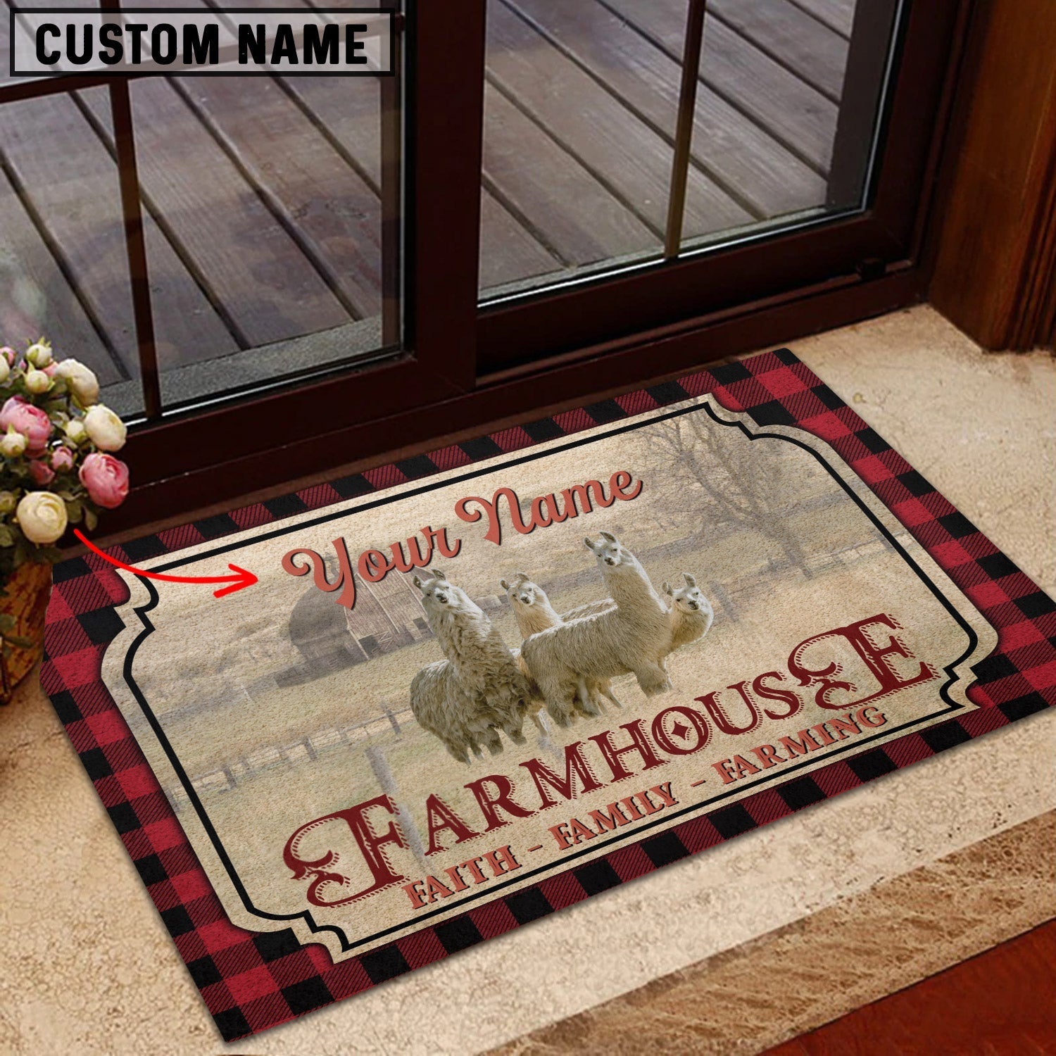 Llama Faith Family Farming Custom Name Doormat