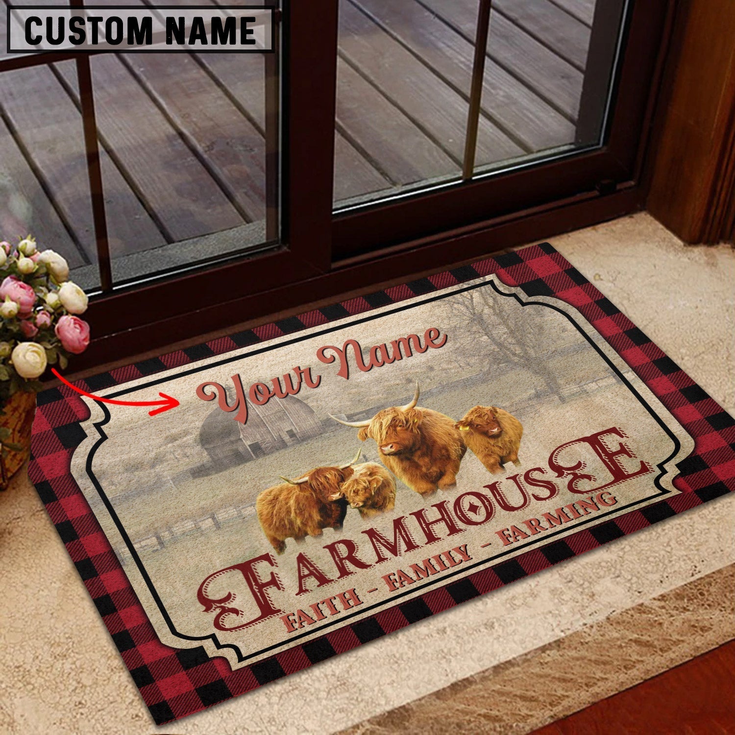 Miniature Highland Faith Family Farming Custom Name Doormat