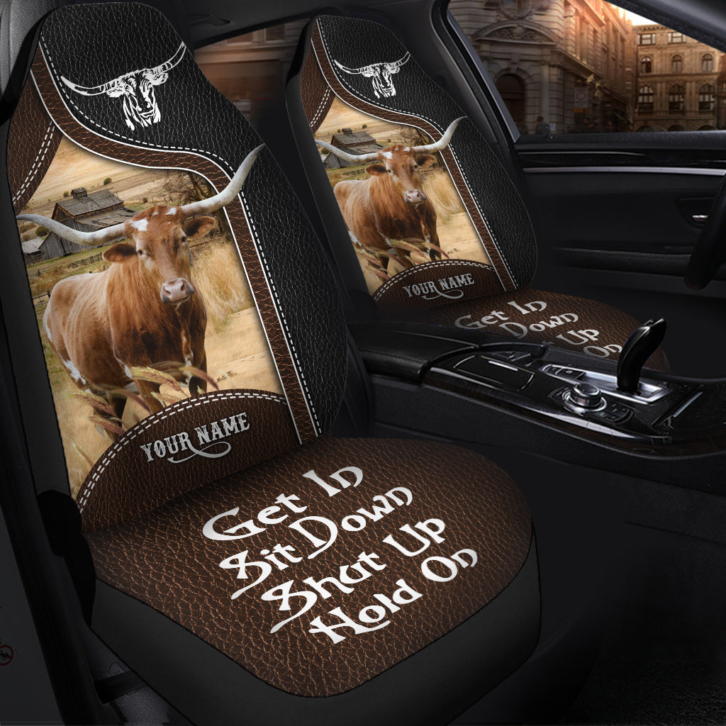 Texas Longhorn Personalized Name Black And Brown Leather Pattern Car Seat Covers Universal Fit (2Pcs)