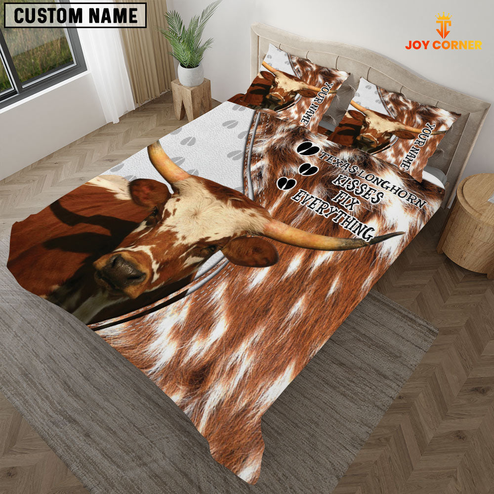 Texas Longhorn Kisses Fix Everything Custom Name Bedding Set