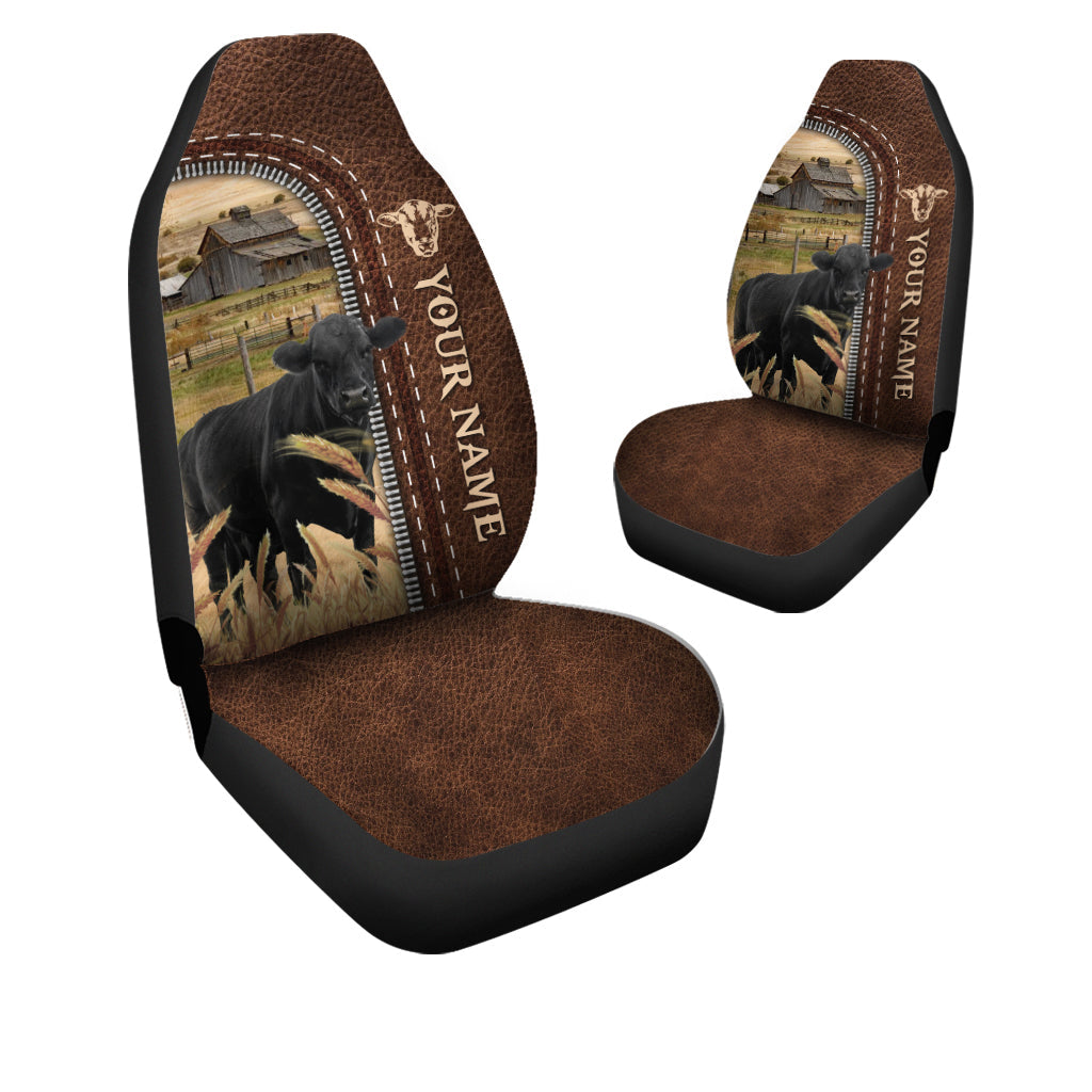 Black Angus Personalized Name Leather Pattern Car Seat Covers Universal Fit (2Pcs)