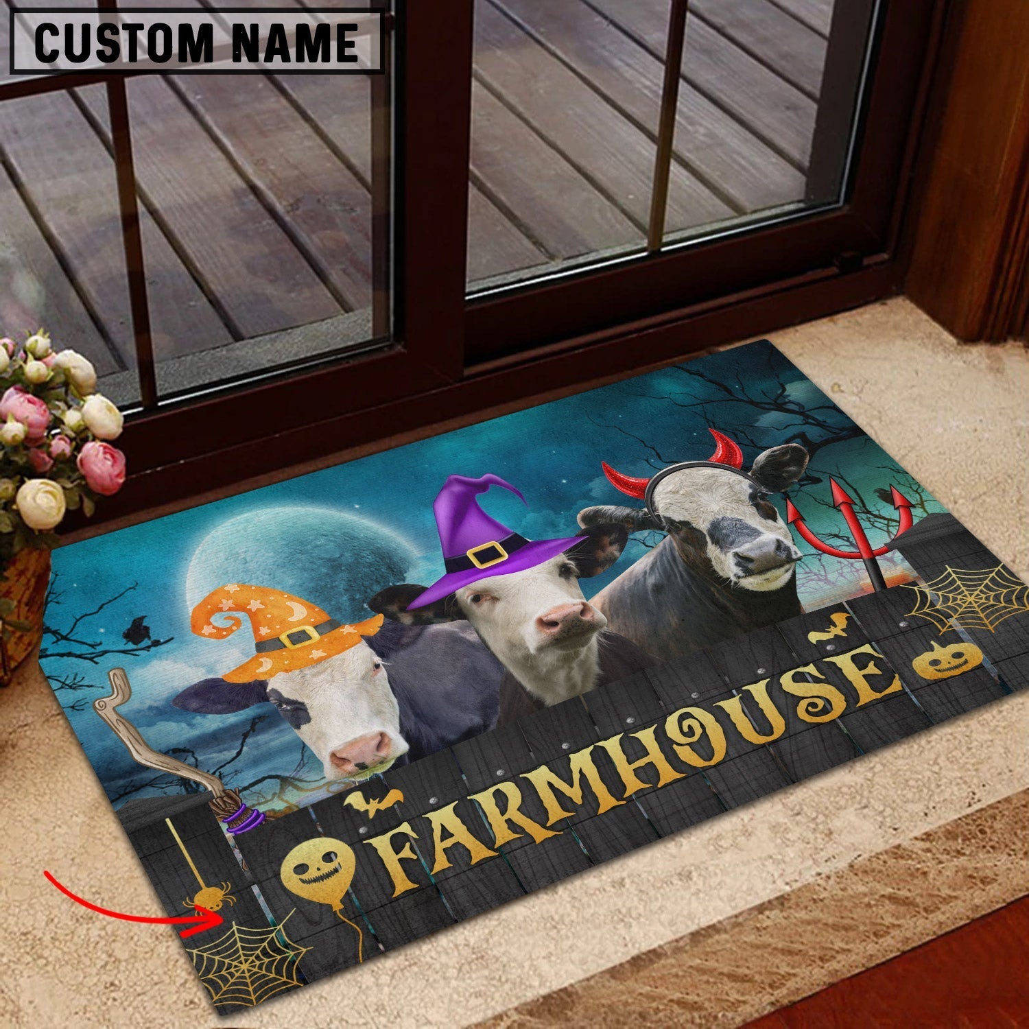 Black Baldy Farmhouse Halloween Custom Name Doormat