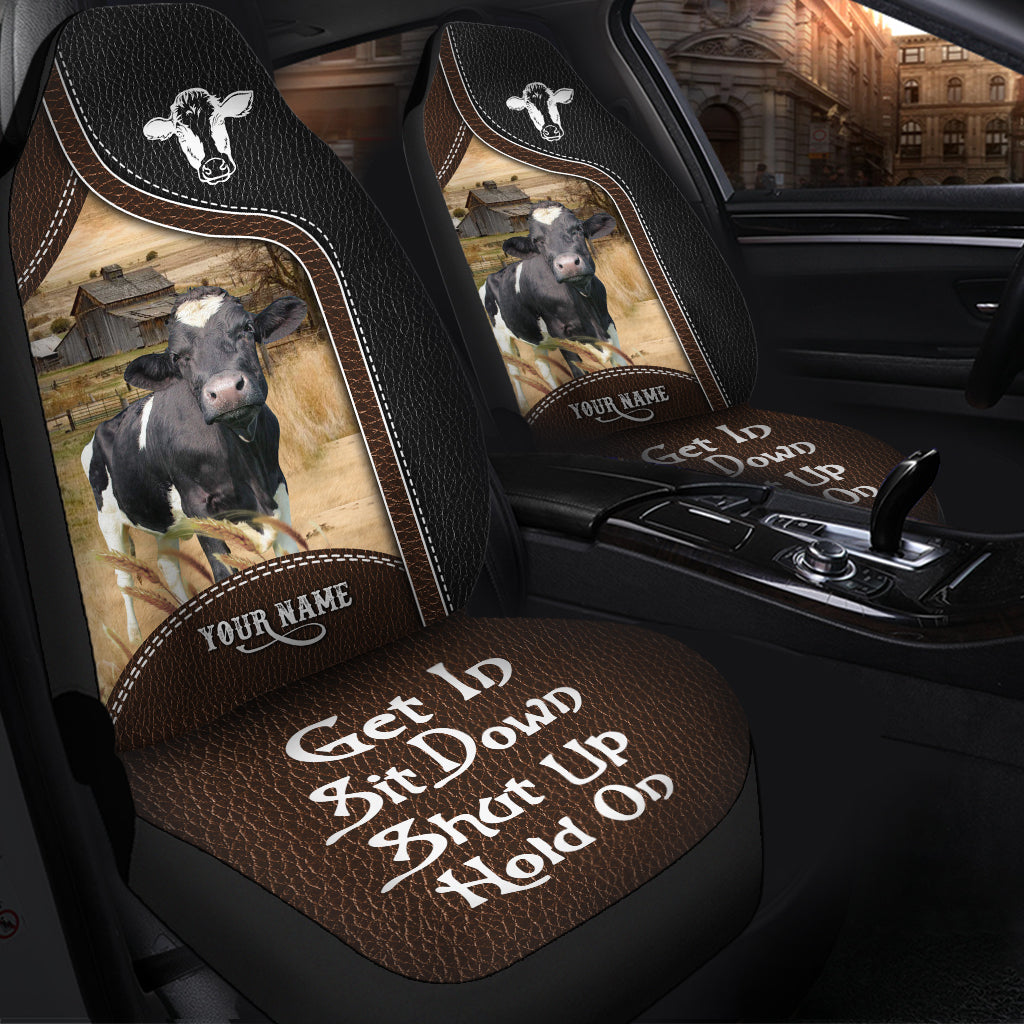 Holstein Personalized Name Black And Brown Leather Pattern Car Seat Covers Universal Fit (2Pcs)