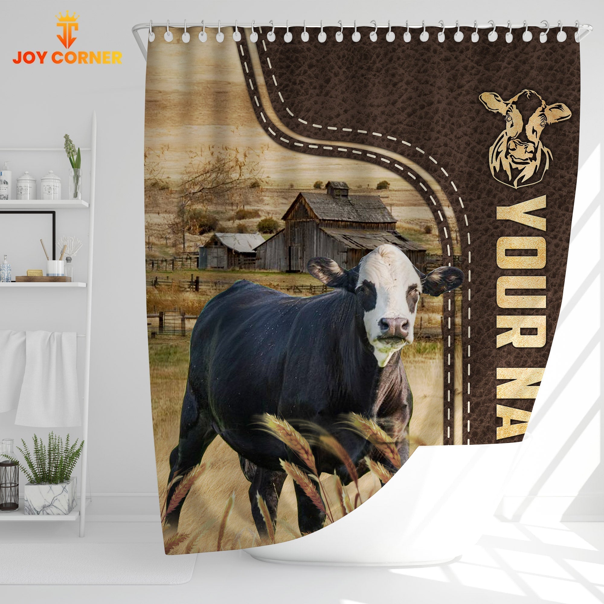 Black Baldy Leather Pattern Custom Name Shower Curtain