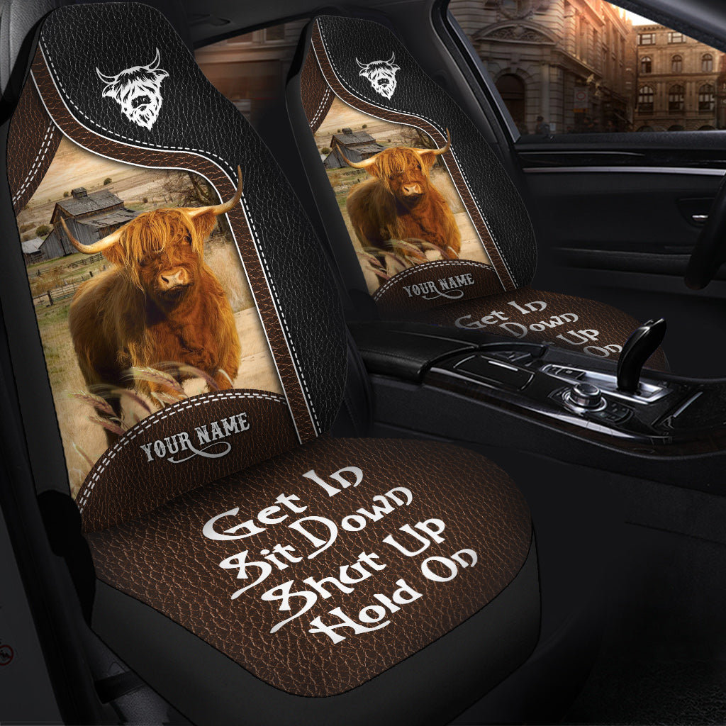 Highland Cattle Personalized Name Black And Brown Leather Pattern Car Seat Covers Universal Fit (2Pcs)