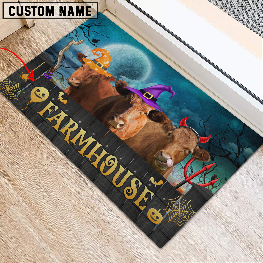 Red Angus Farmhouse Halloween Custom Name Doormat