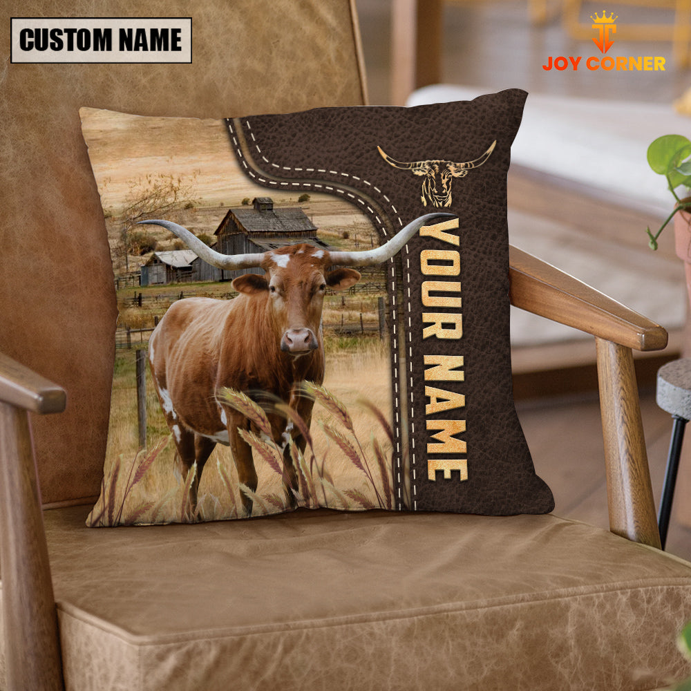 Texas Longhorn Custom Name Leather Pattern Pillow Case