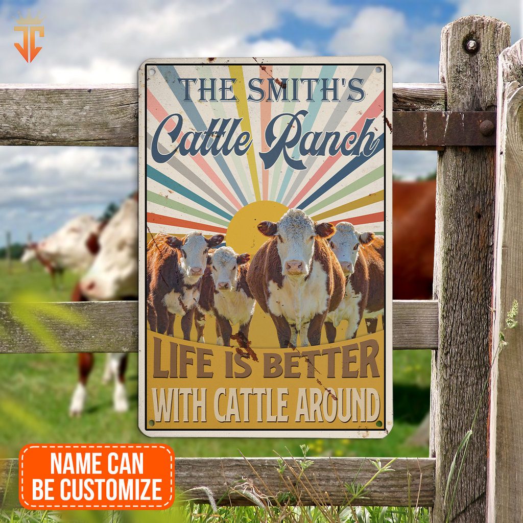 Personalized Hereford Life is better with cattle around All Printed 3D Metal Sign