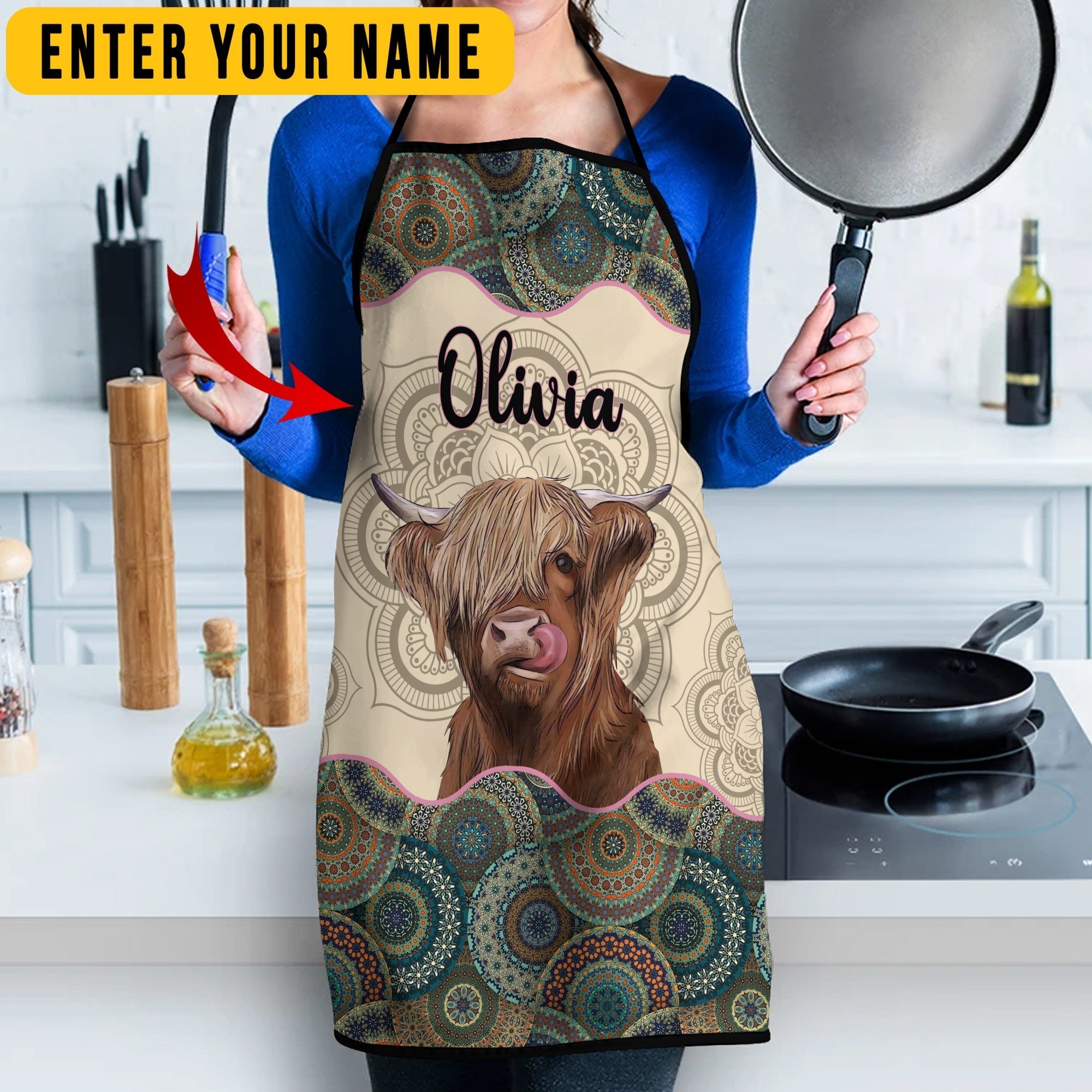 Personalized Name Mandala Pattern Highland All Over Printed 3D Apron