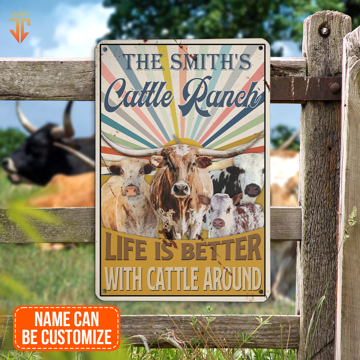 Personalized TX Longhorn Life is better with cattle around All Printed 3D Metal Sign