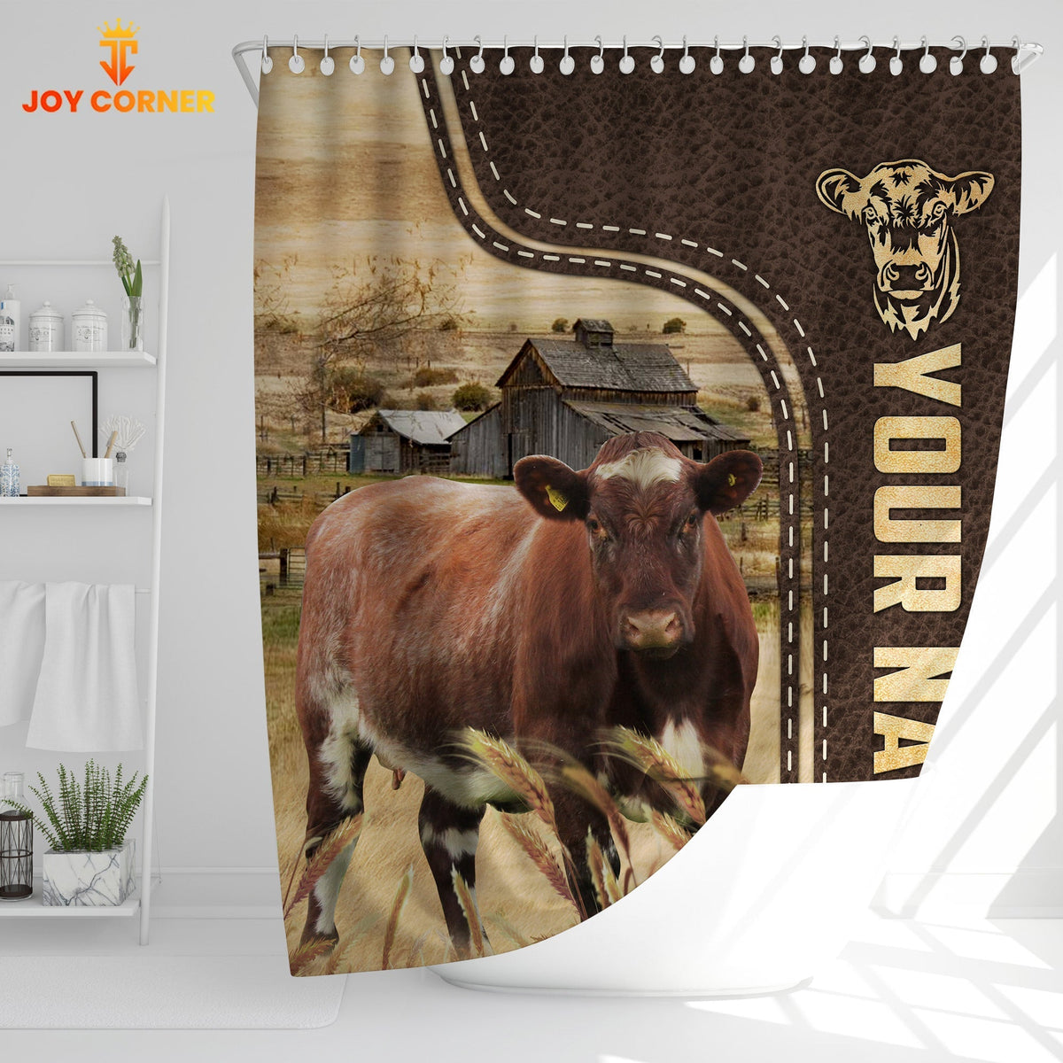 Shorthorn Leather Pattern Custom Name Shower Curtain