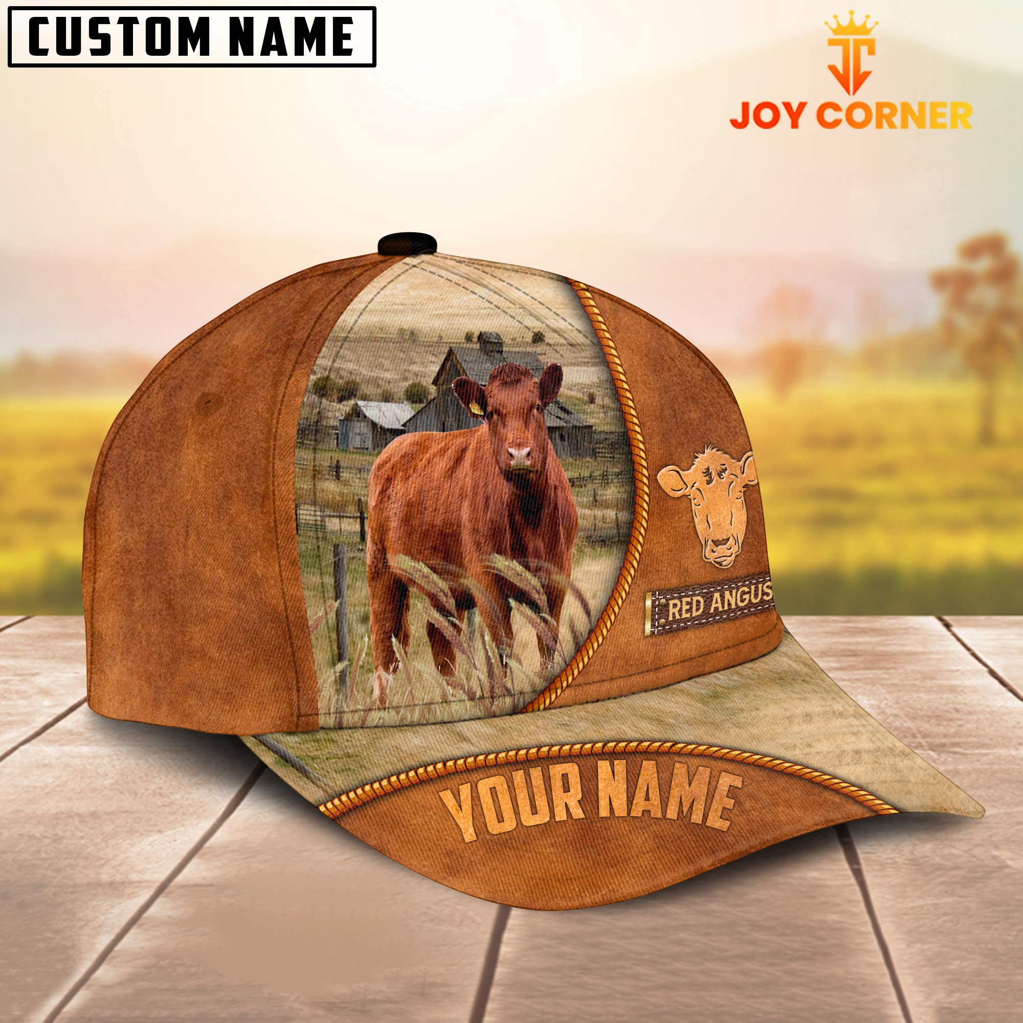 Custom Name Red Angus Leather Pattern Cap TT3