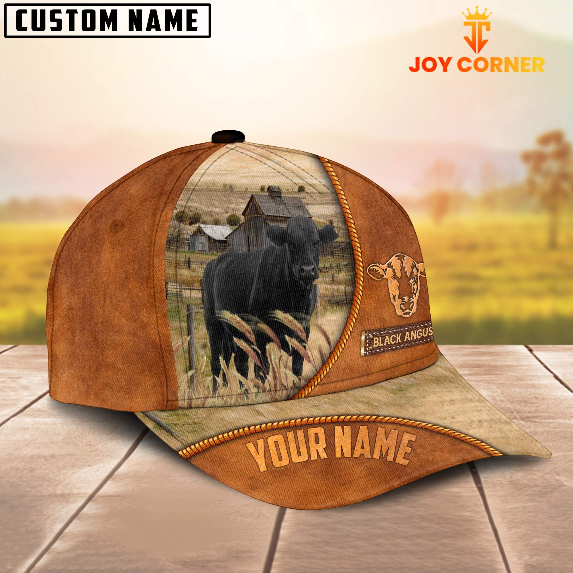 Custom Name Black Angus Leather Pattern Cap TT2