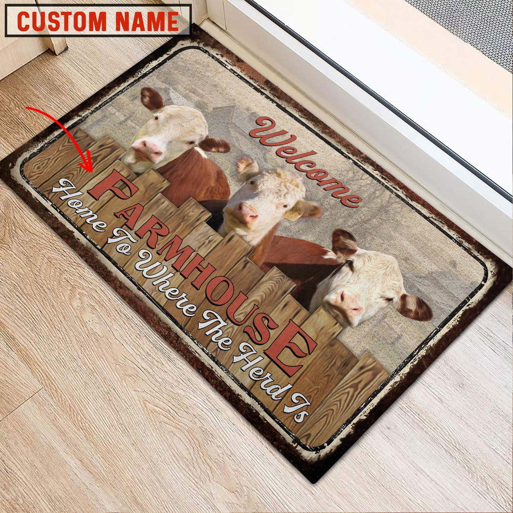 Hereford Custom Name - Home To Where The Herd Is FarmHouse Doormat