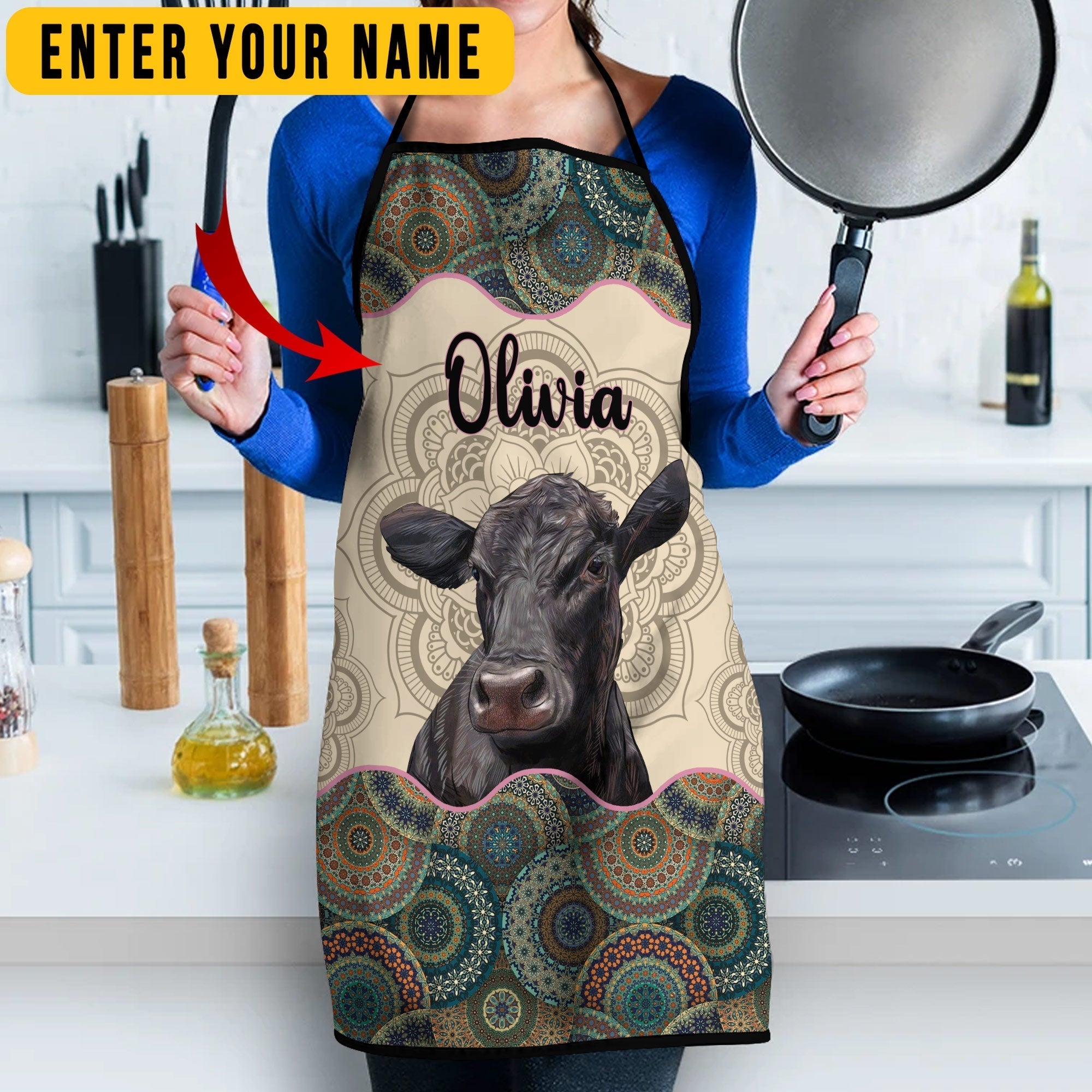 Personalized Name Mandala Pattern Black Angus All Over Printed 3D Apron