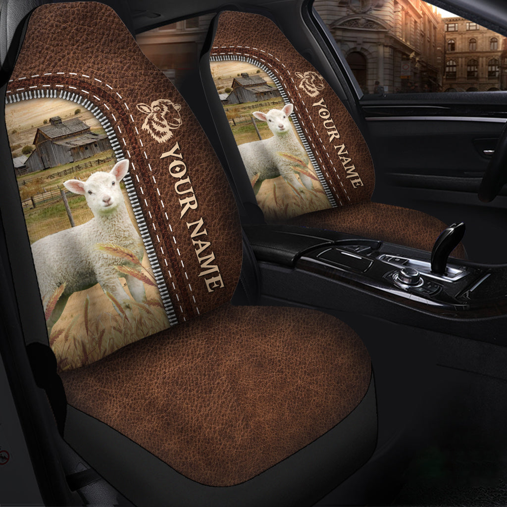 Lambs Personalized Name Leather Pattern Car Seat Covers Universal Fit (2Pcs)