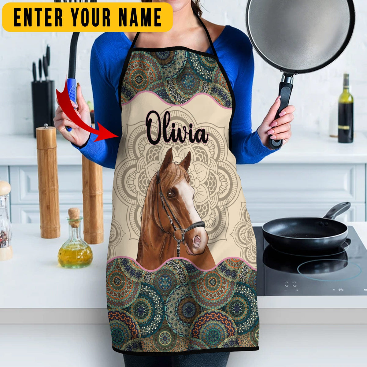 Personalized Name Mandala Pattern Horse All Over Printed 3D Apron