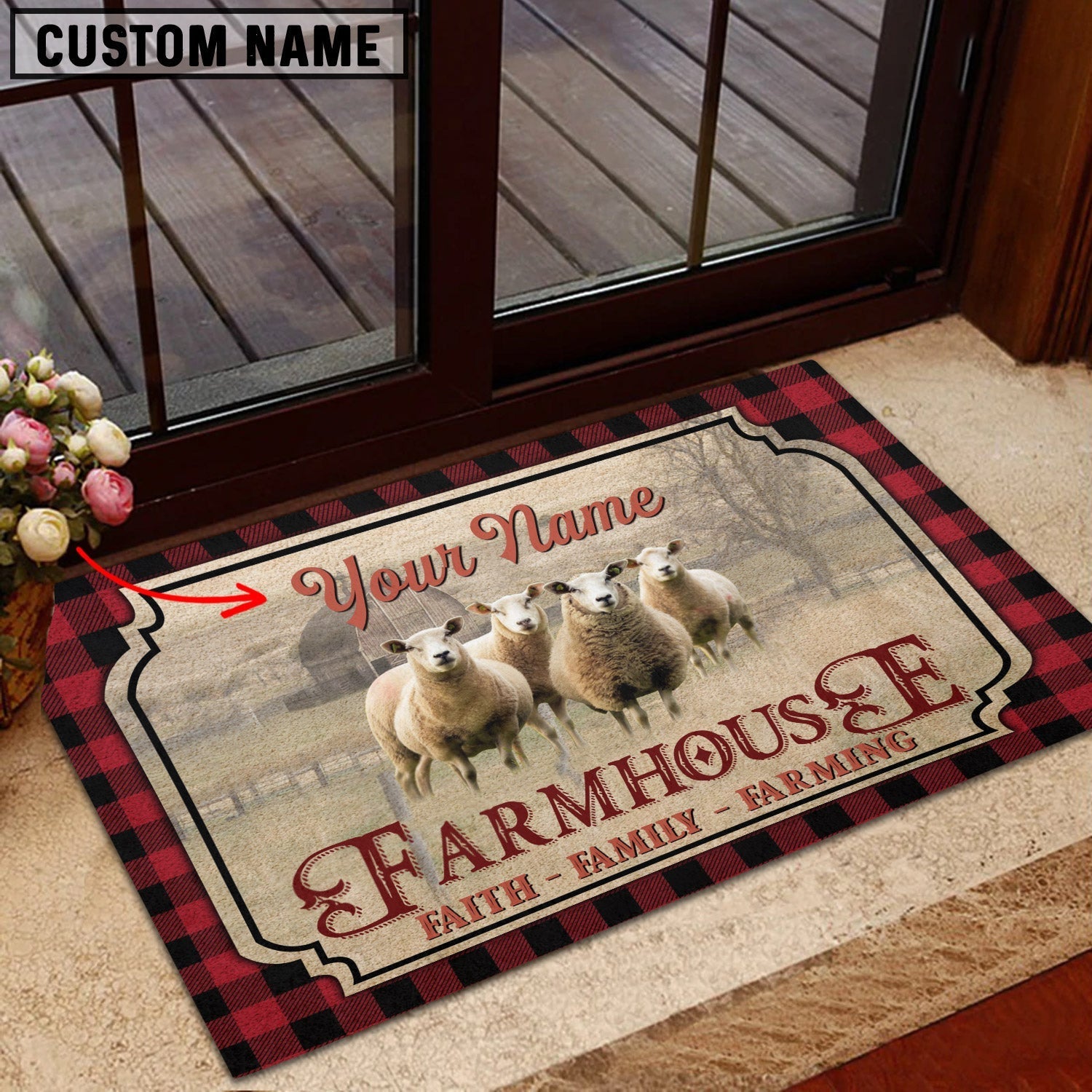 Sheep Faith Family Farming Custom Name Doormat