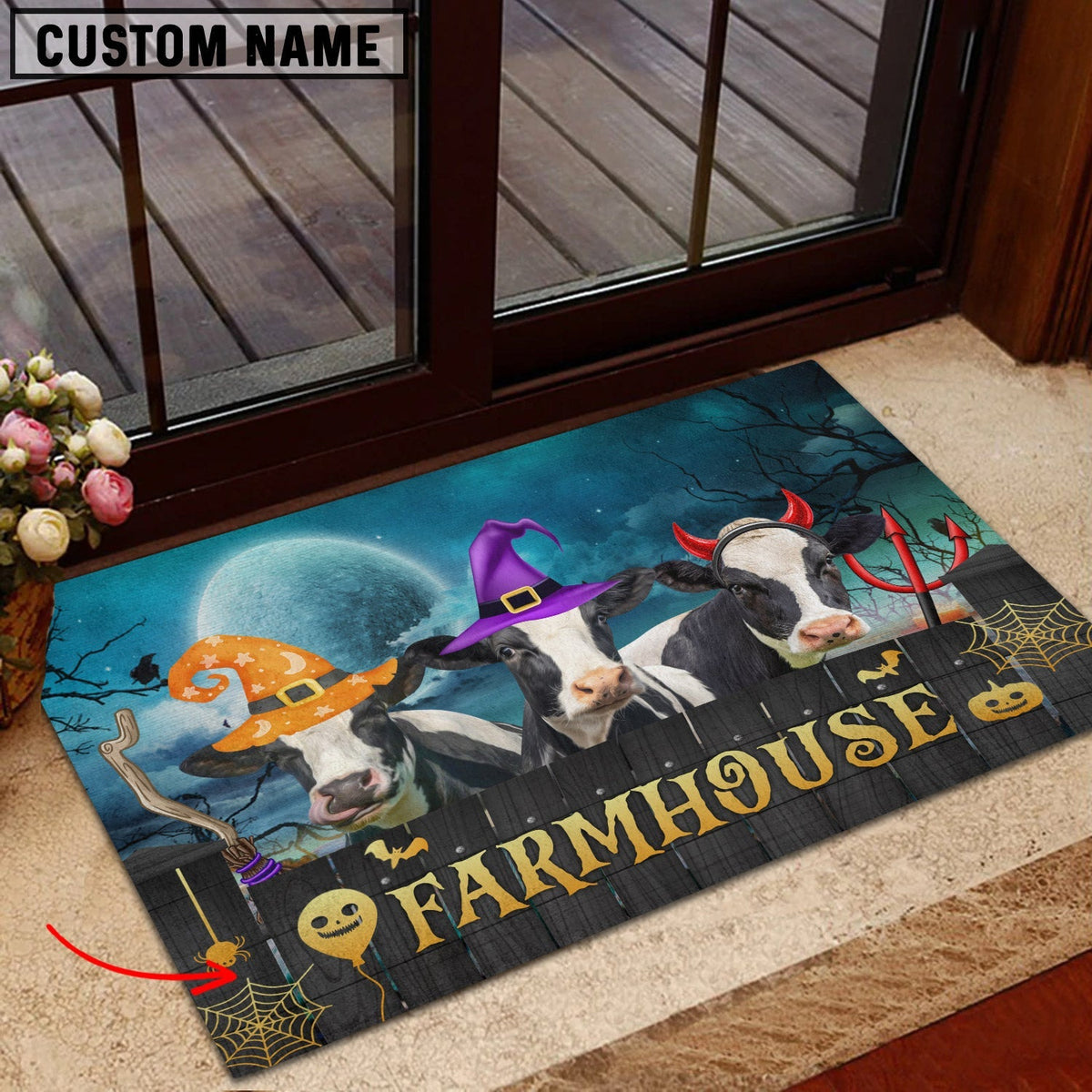 Holstein Farmhouse Halloween Custom Name Doormat