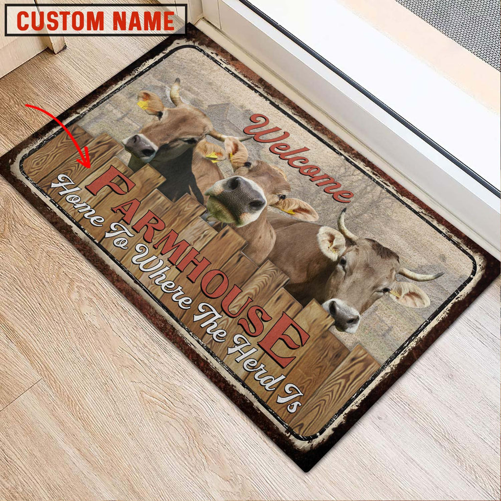 Brown Swiss Custom Name - Home To Where The Herd Is FarmHouse Doormat