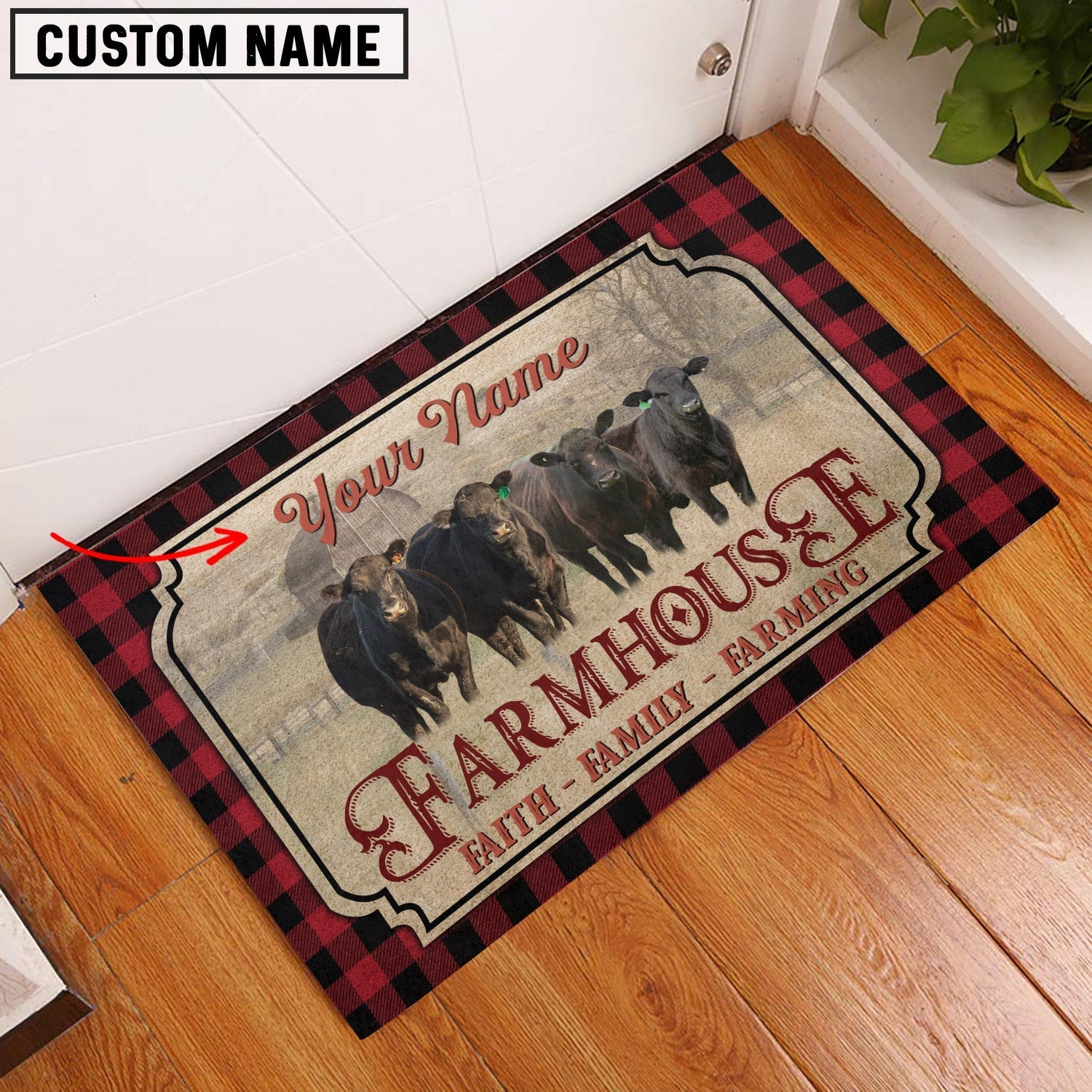 Black Angus Faith Family Farming Custom Name Doormat