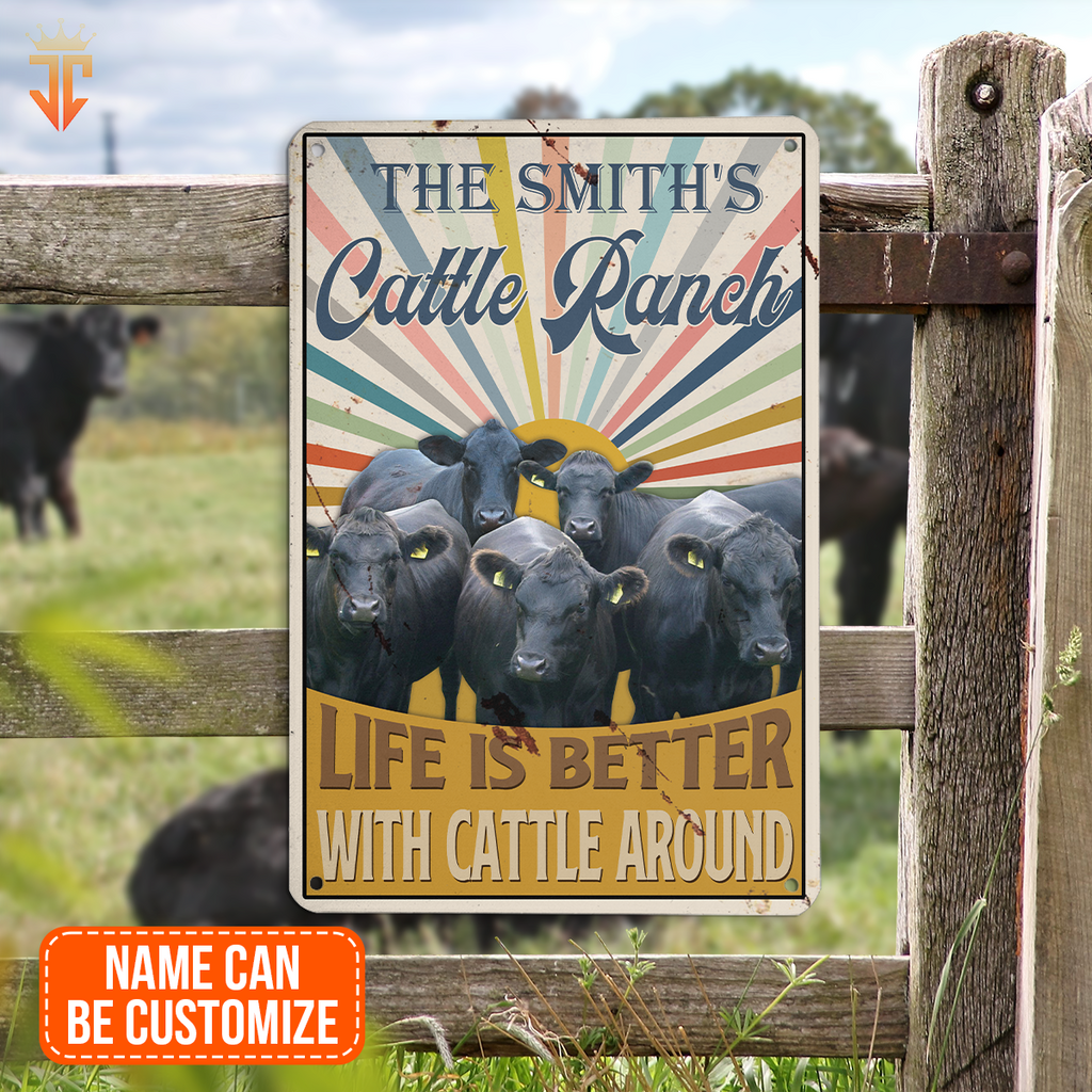 Personalized Black Angus Life is better with cattle around All Printed 3D Metal Sign