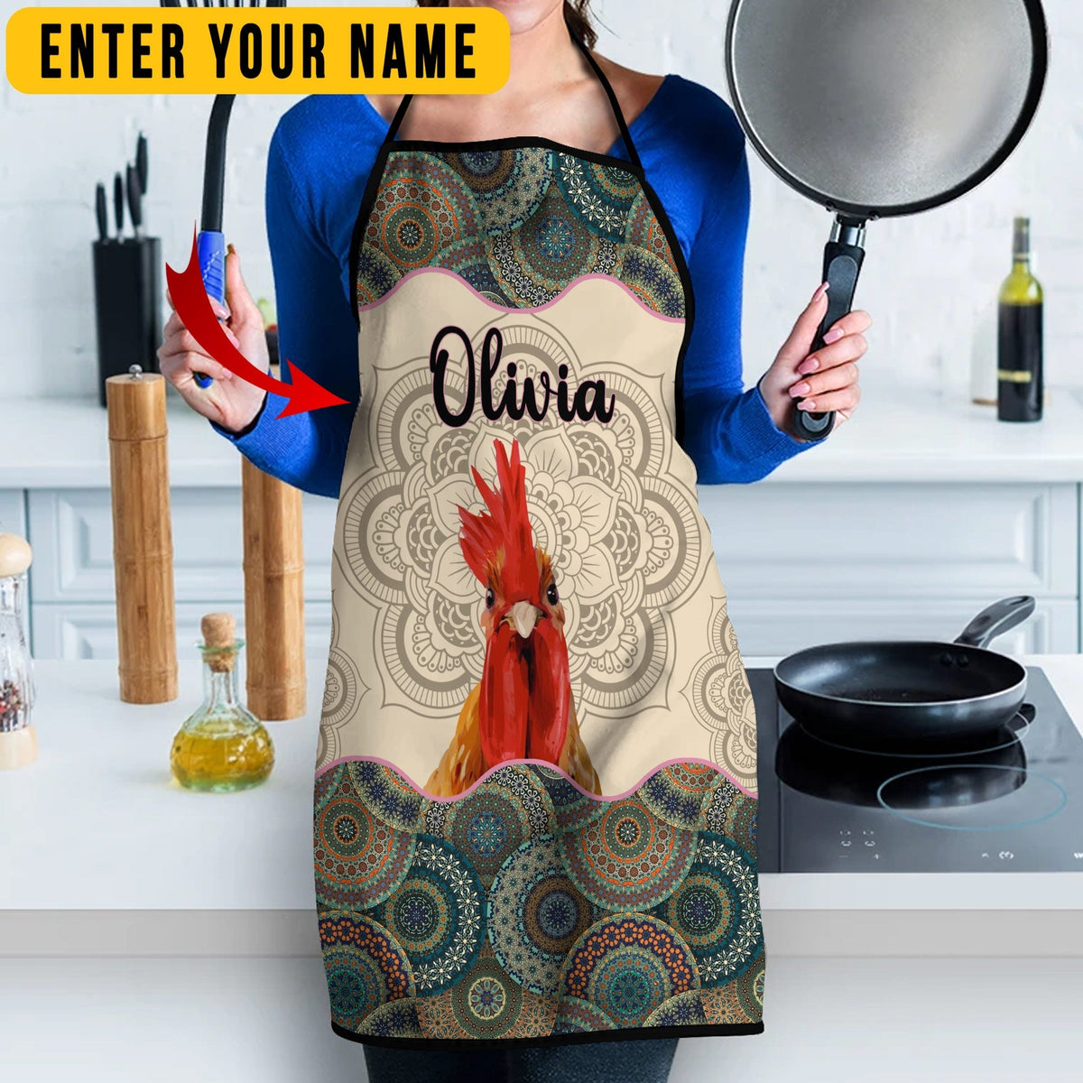 Personalized Name Mandala Pattern Chicken All Over Printed 3D Apron