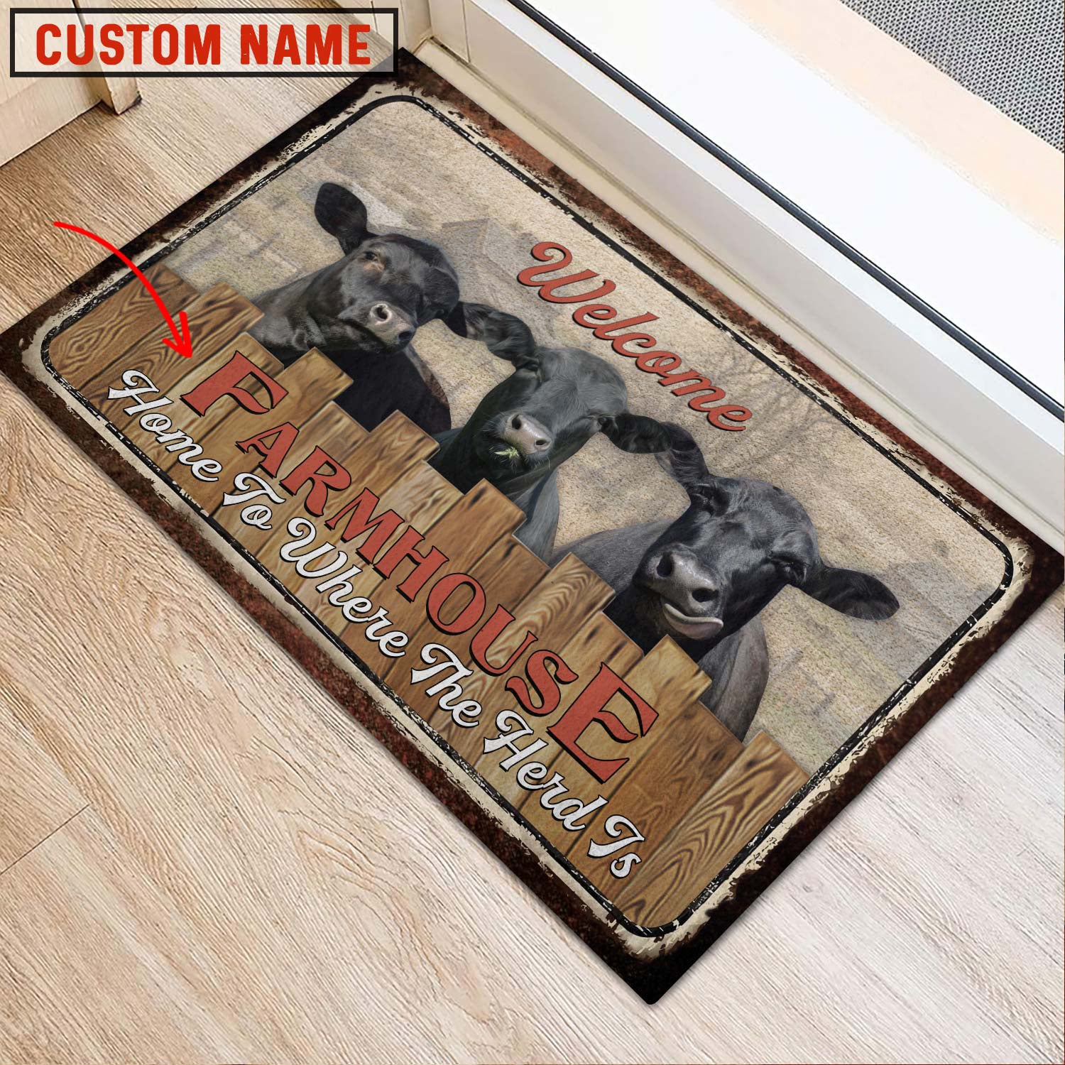 Black Angus Custom Name - Home To Where The Herd Is FarmHouse Doormat