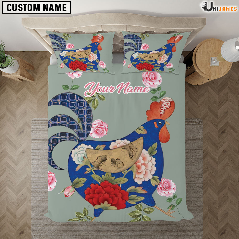 Chicken Blue Art Pattern Custom Name Bedding Set
