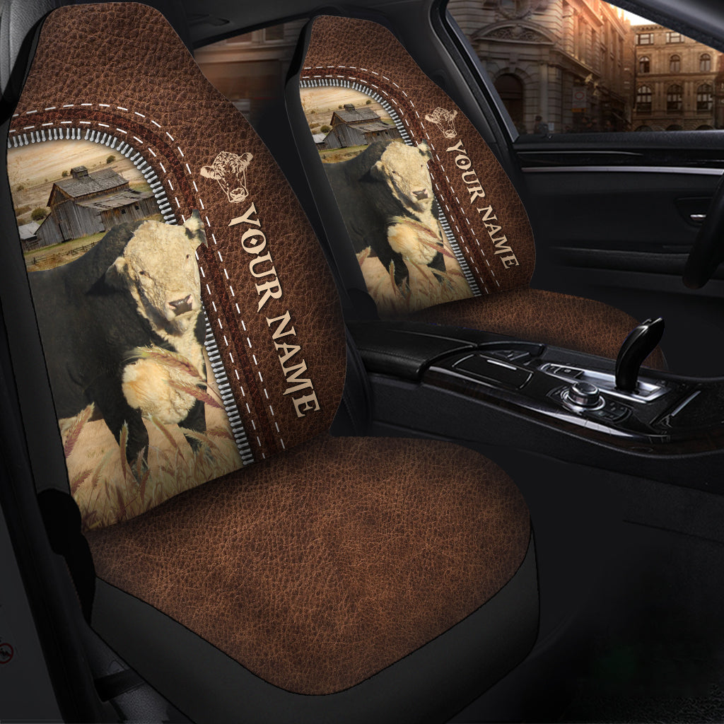 Black Hereford Personalized Name Leather Pattern Car Seat Covers Universal Fit (2Pcs)