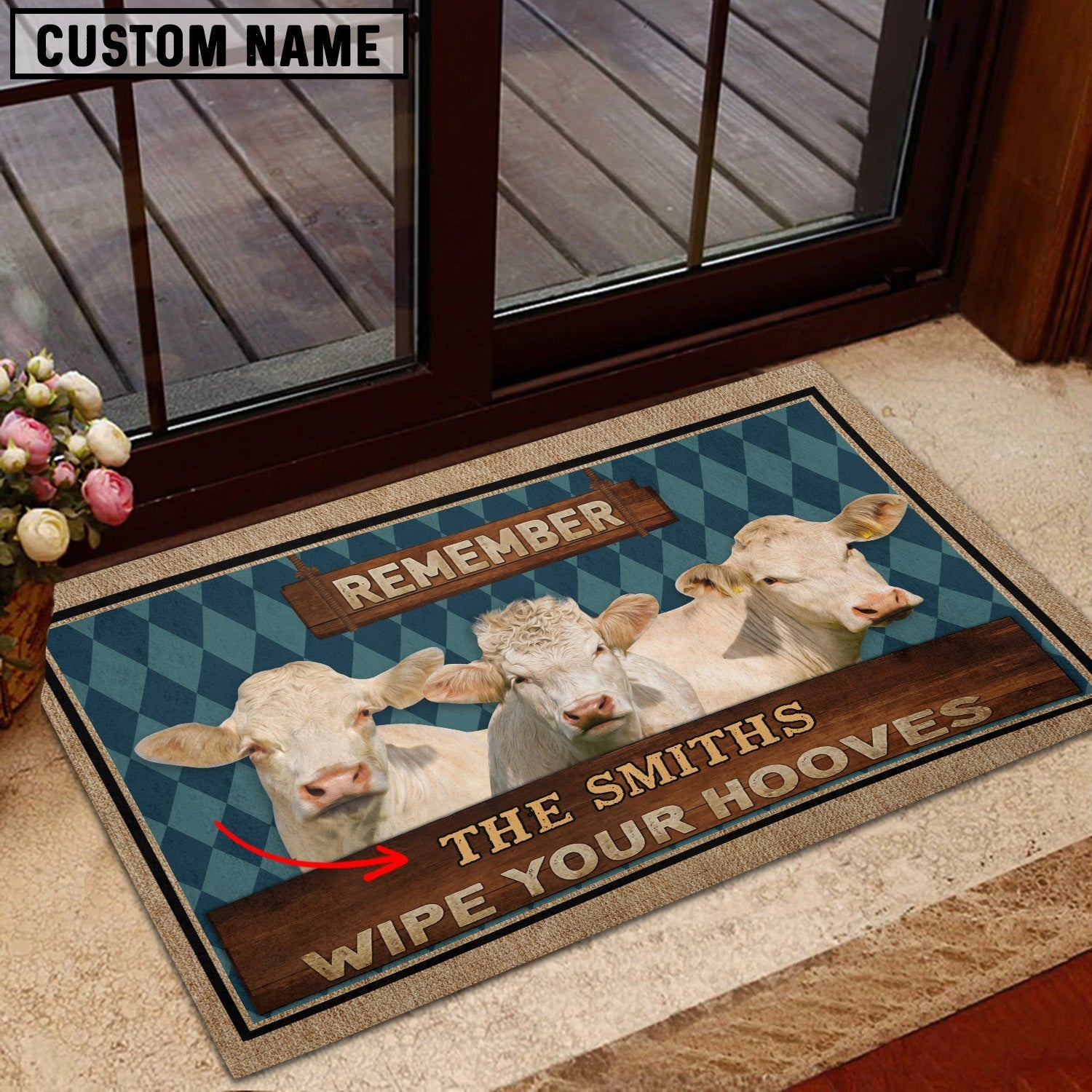 Charolais No Horn Wipe Your Hooves Custom Name Doormat