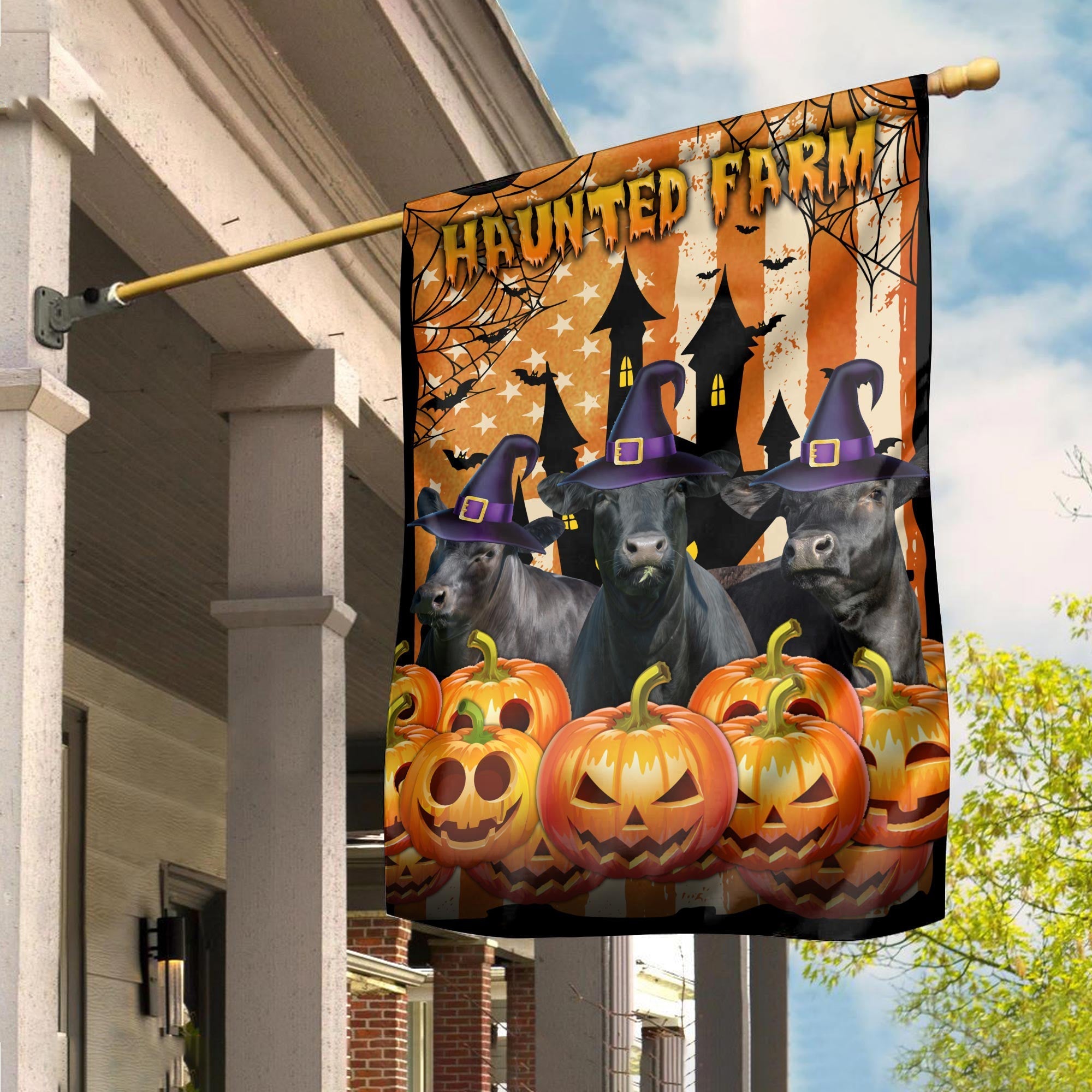 Black Angus Cattle Haunted Farm Halloween Flag