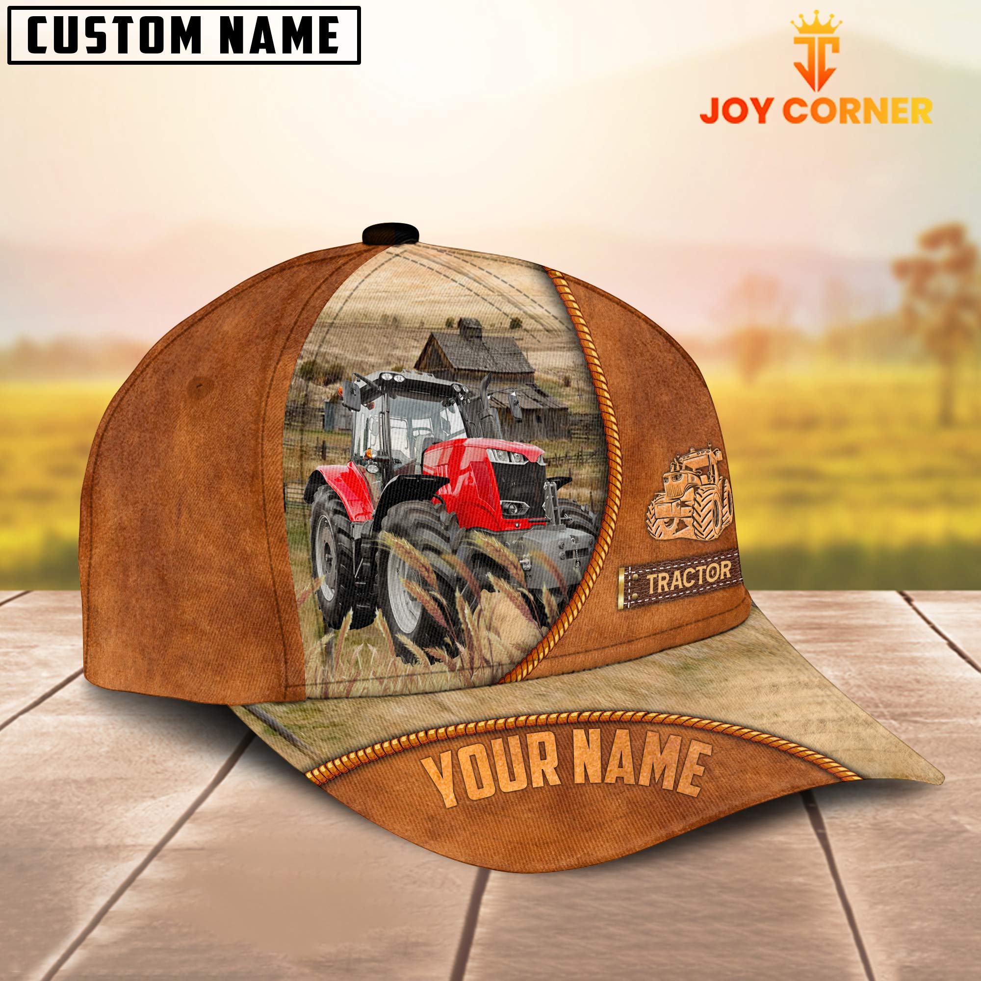 Custom Name Red Tractor Leather Pattern Cap TT14