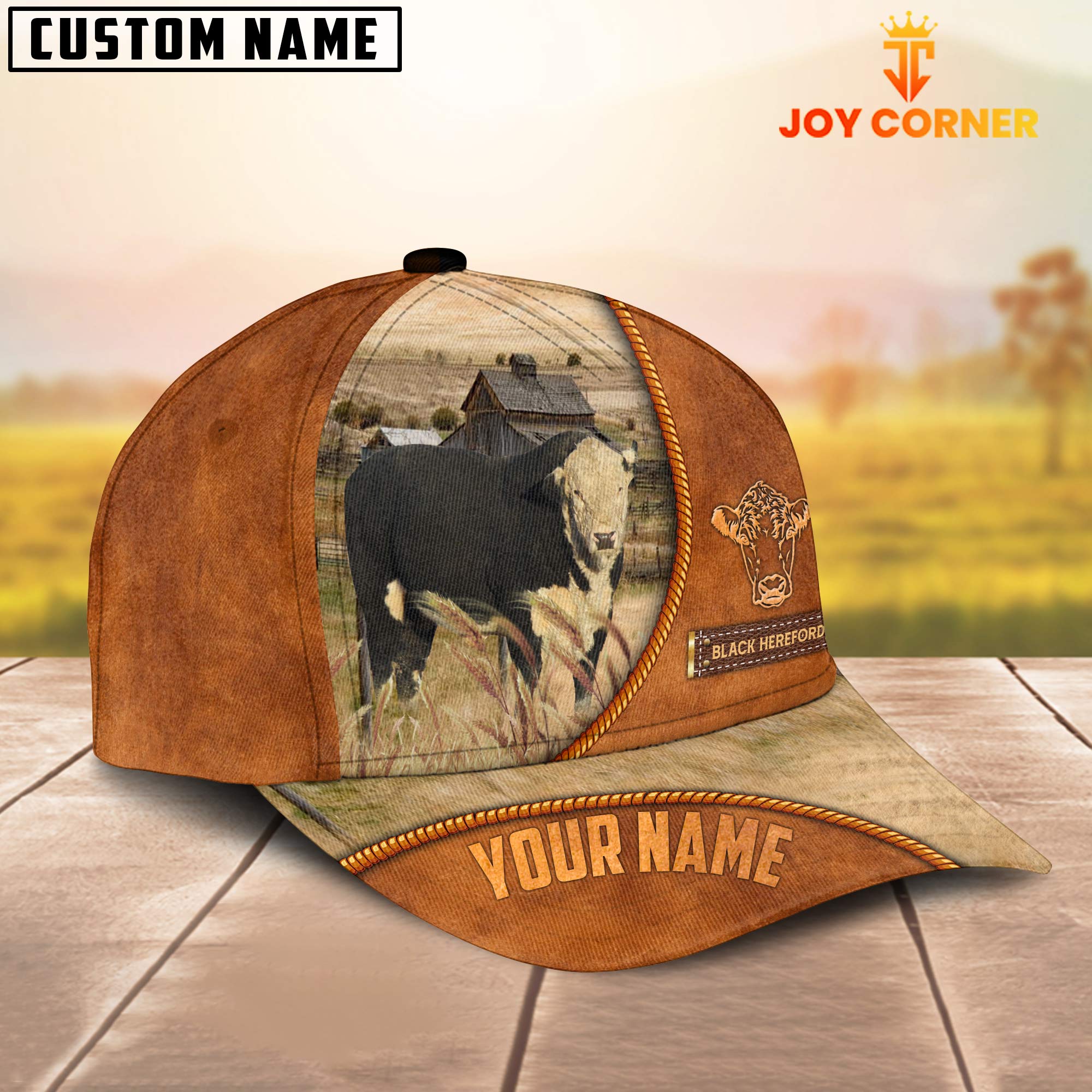 Custom Name Black Hereford Leather Pattern Cap TT10