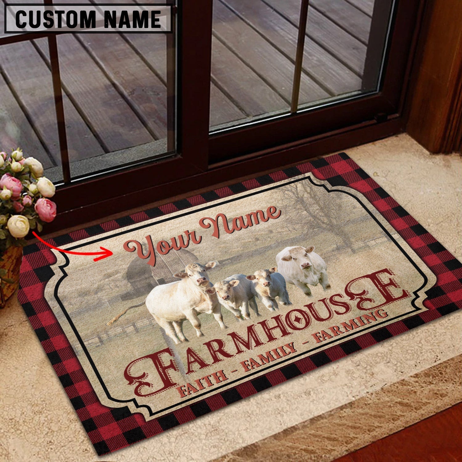 Charolais No Horn Faith Family Farming Custom Name Doormat